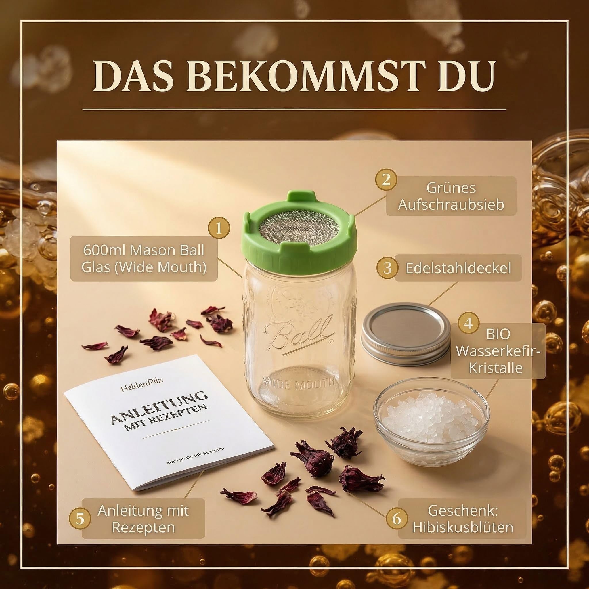 HeldenPilz® BIO Wasserkefir Starter Set mit Mason Ball Glas (600ml) – Wasserkefir selber machen | Japankristalle, Aufschraubsieb & Edelstahldeckel | Fermentations-Set mit Anleitung