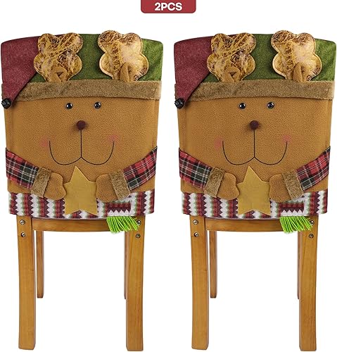 Miniatura 7 de Konelia Juego de 2 fundas de silla de Navidad de franela para sillas de comedor de Navidad, cubierta trasera, funda para silla de Santa Elk, para