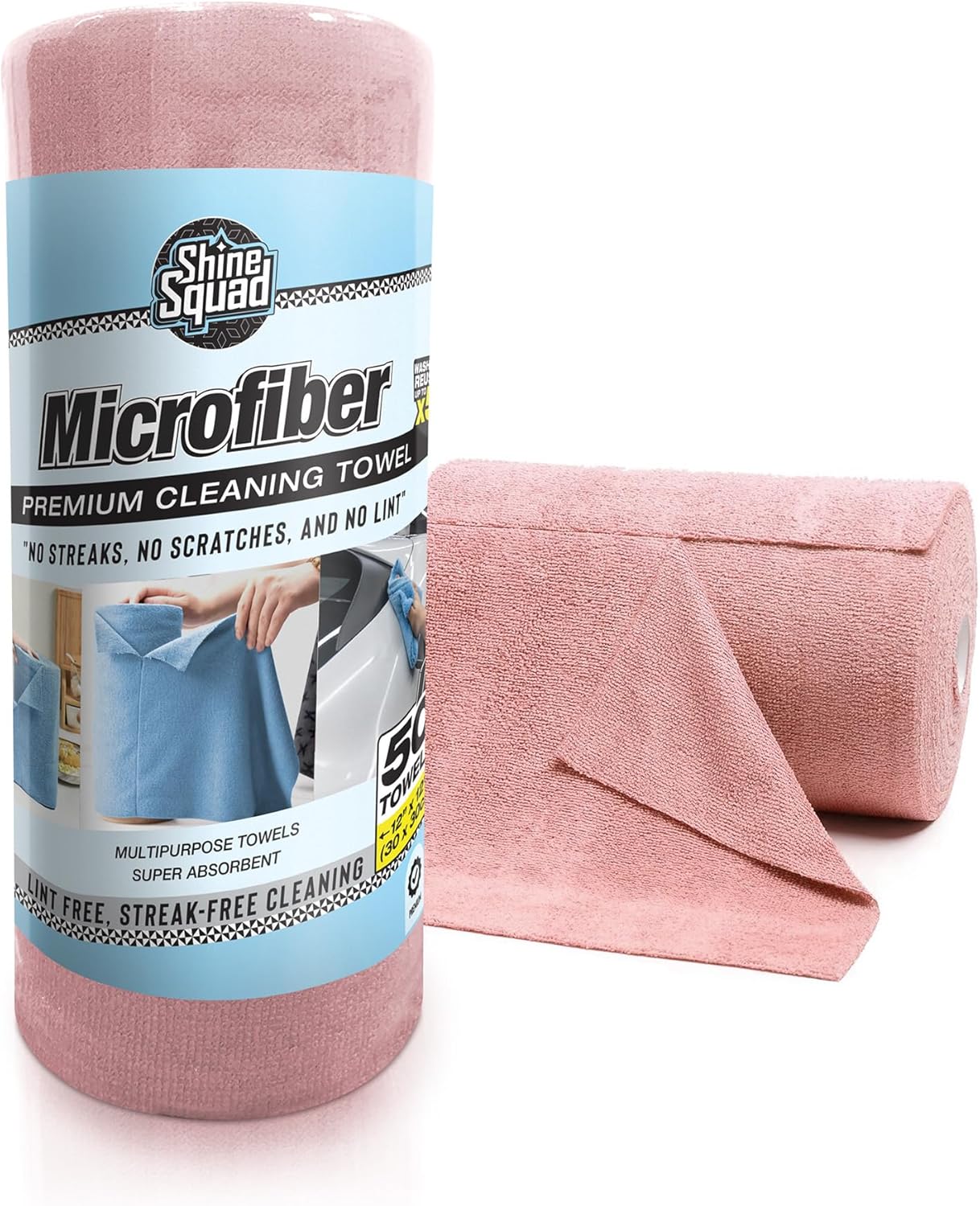 Tear Away Microfiber Cleaning Cloth Rags Washable - 50 Pack, Cleaning Rags Reusable for Kitchen, Bathroom, Automotive, House - Scratch-Free, Lint-Free Cleaning Supplies 12x12 Roll