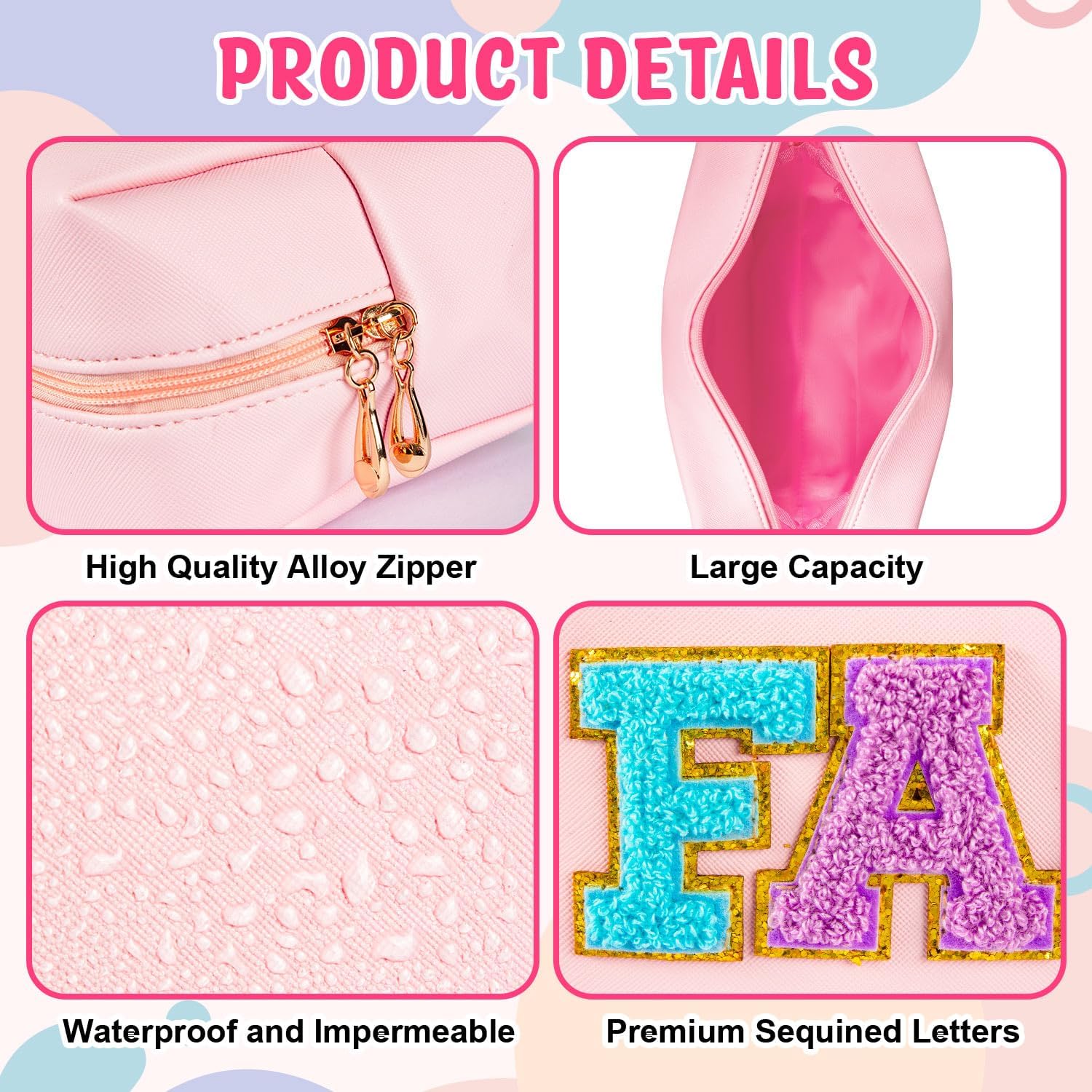 ZAUGONTW 3 Pcs Preppy Patch Makeup Bag Chenille Letter Bag, PU Leather Waterproof Toiletry Hair Bags with Nylon Zipper Patches Makeup Organizer Bags Set for Women - Image 3