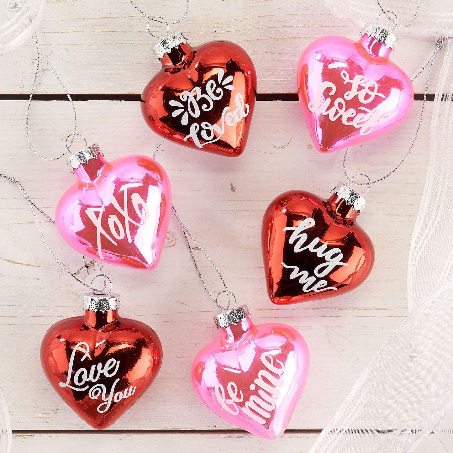 Lillian Vernon Glitter Words Blown Glass Valentine’s Day Ornaments - Handcrafted Hanging Tree Decorations, Heart Glitter Words Holiday & Party Decor, 2.5 in, Pink & Red, 12-Piece Set