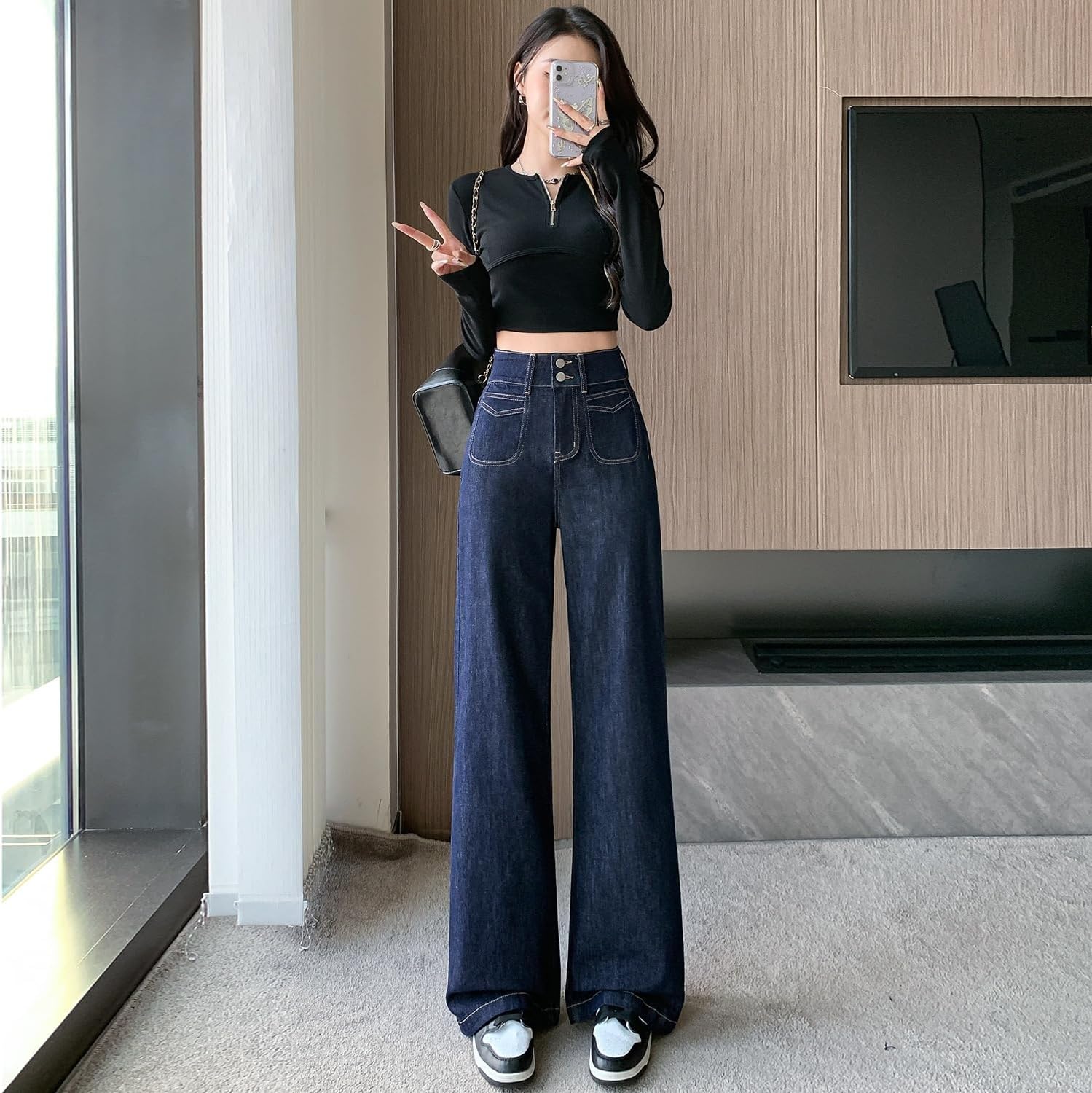 Retro Jeans for Women in Spring and Autumn Loose Waist Straight Draping Slightly Floor Pants