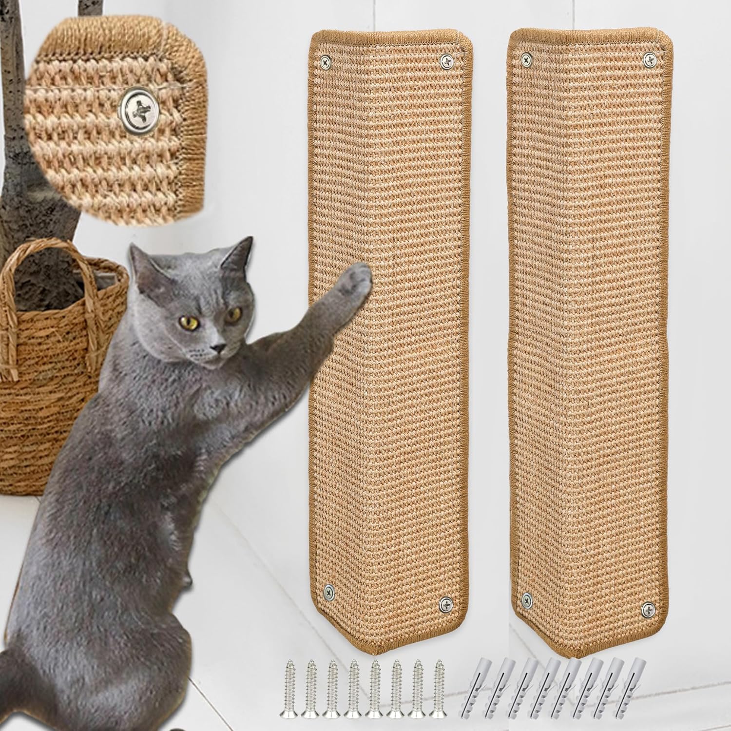 JanYoo 2 Stück Kratzmatte aus Sisal, Kratzmatte für Katzen, mit Klebeband, Katzenkratzmatte, Teppich zum Schutz der Wand, 60 × 25 cm (Braun)