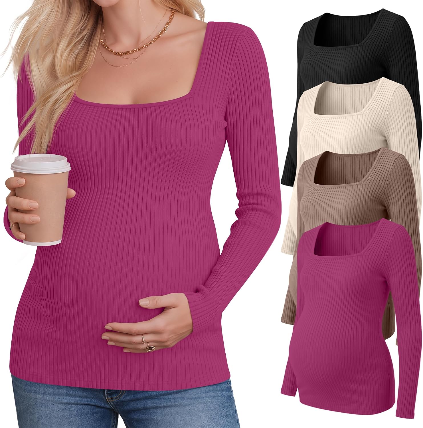 4 Pack Women's Maternity Ribbed Long Sleeve Shirts