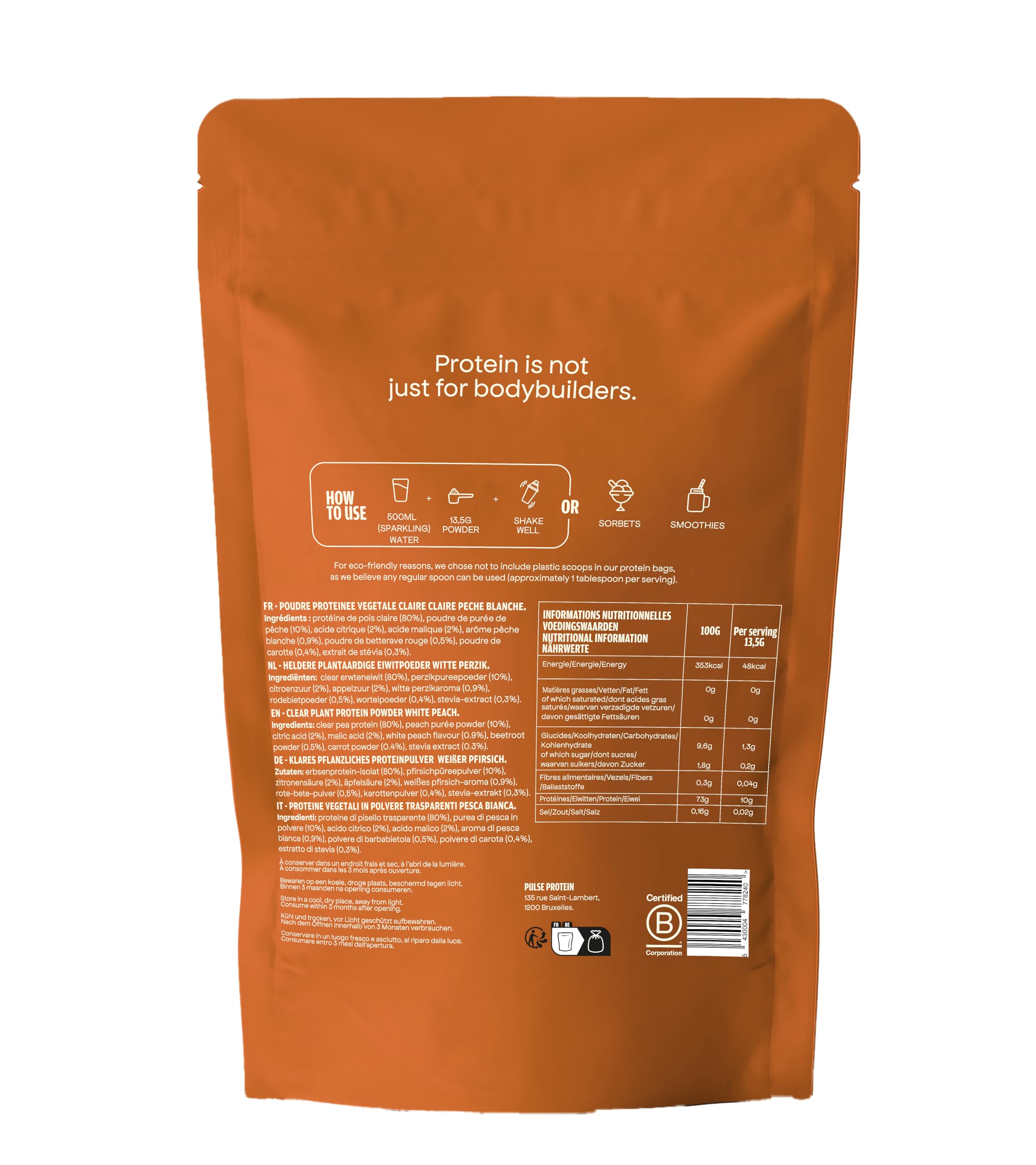 Protéine Transparente, Saveur Rafraîchissante De Pêche, 405g | Clear Protein 100 % vegan, isolat de protéine de pois de haute qualité, sans sucre, faible en calories, 10 g par portion