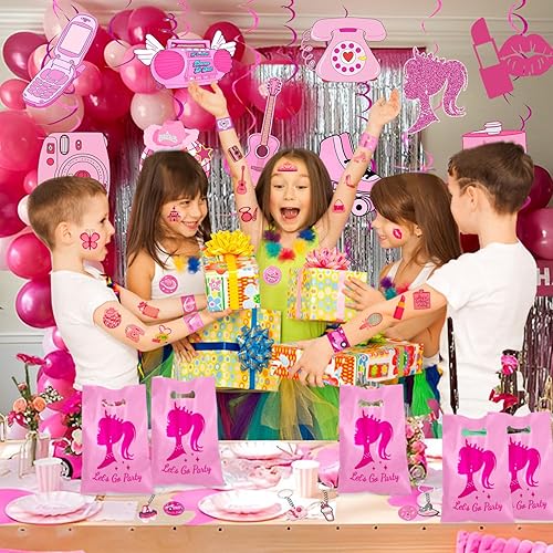 Miniatura 7 de Kit de recuerdos de fiesta de princesa rosa intenso, suministros de fiesta de princesa rosa, 72 tatuajes temporales, 12 pulseras rosas para niña, 12