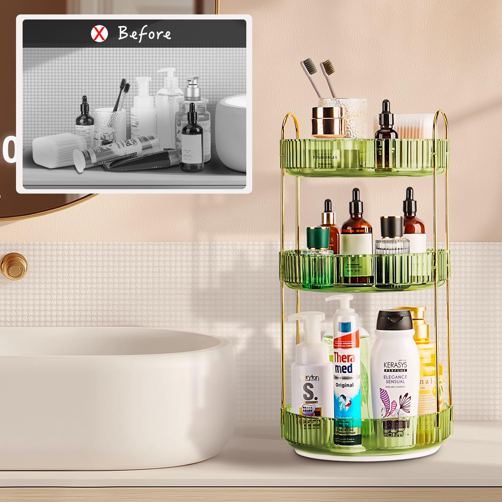 Um 360 Grad drehbarer Make-up-Organizer, große Kapazität, drehbarer Parfüm- und Kosmetik-Hautpflege-Halter für Schminktisch und Arbeitsplatte, (Gem Green, 3 Etagen)