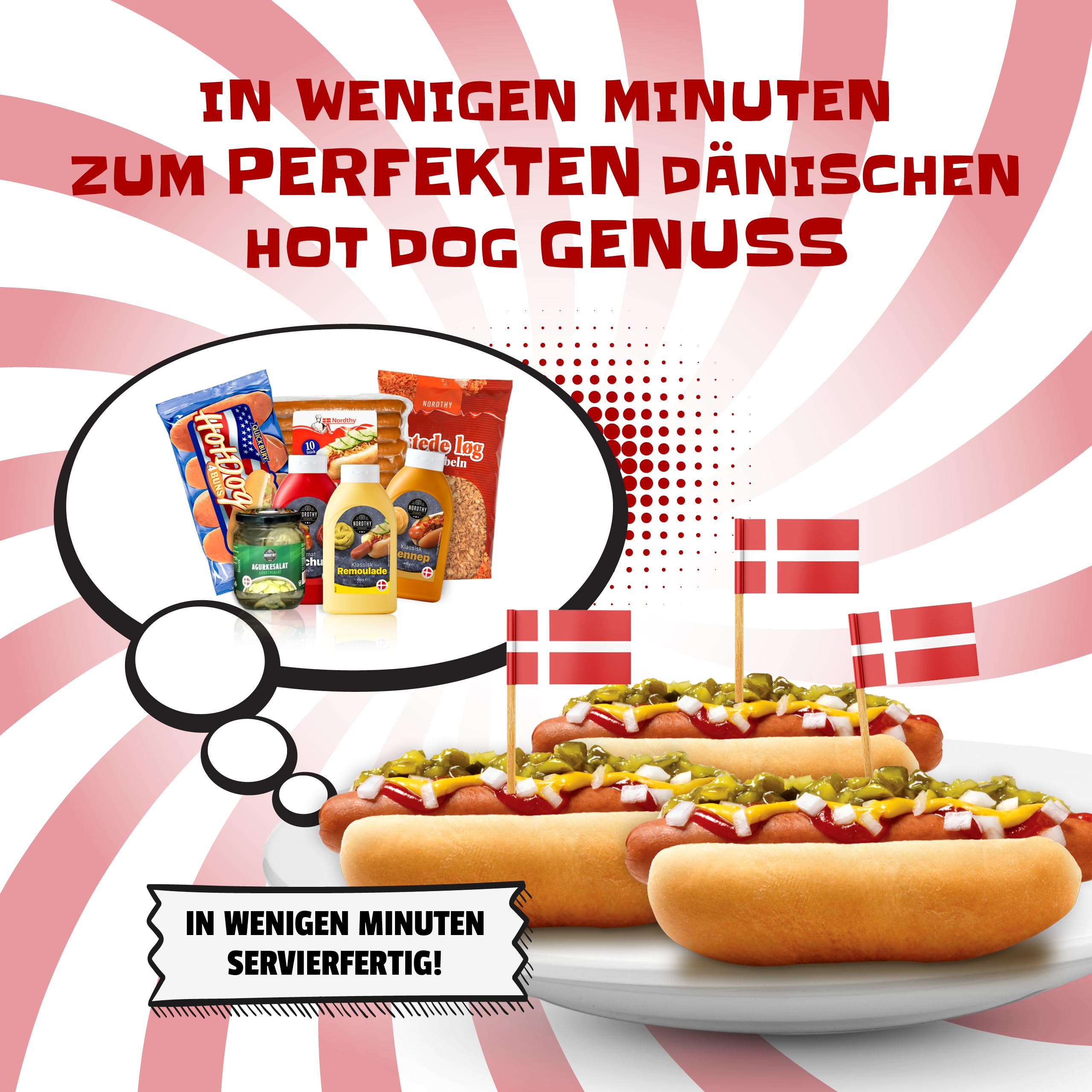 Nordthy Original Dänisches Hot Dog Set für 20x Hotdogs – Komplett Party Paket mit leckeren Würstchen/Brötchen/Hot Dog Saucen/Remoulade/Gurken – Premium Hot Dog Paket im NeedforSweet Karton