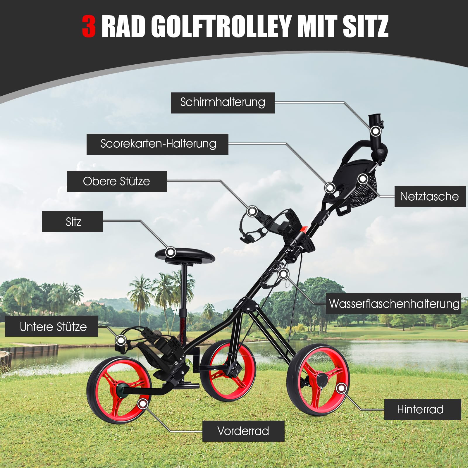 COSTWAY Golftrolley, Golf Trolley, Golftrolley 3 Rad Klappbar, Golfwagen Klappbar, Golf Cart, Golf Trolleys | mit verstellbarem Sitz & Griff & Halter für Schirm und Flasche