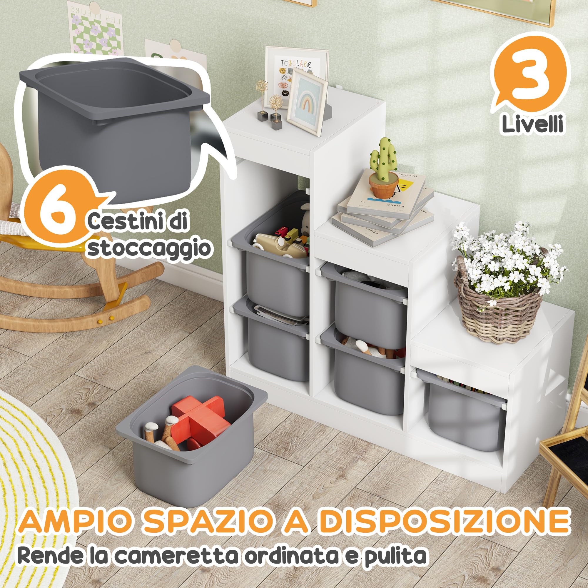 AIYAPLAY Scaffale Portagiochi Multilivello con 6 Contenitori, Mobile per Cameretta a 3 Livelli per Bambini da 3-8 Anni, 96x38.5x90cm, Grigio