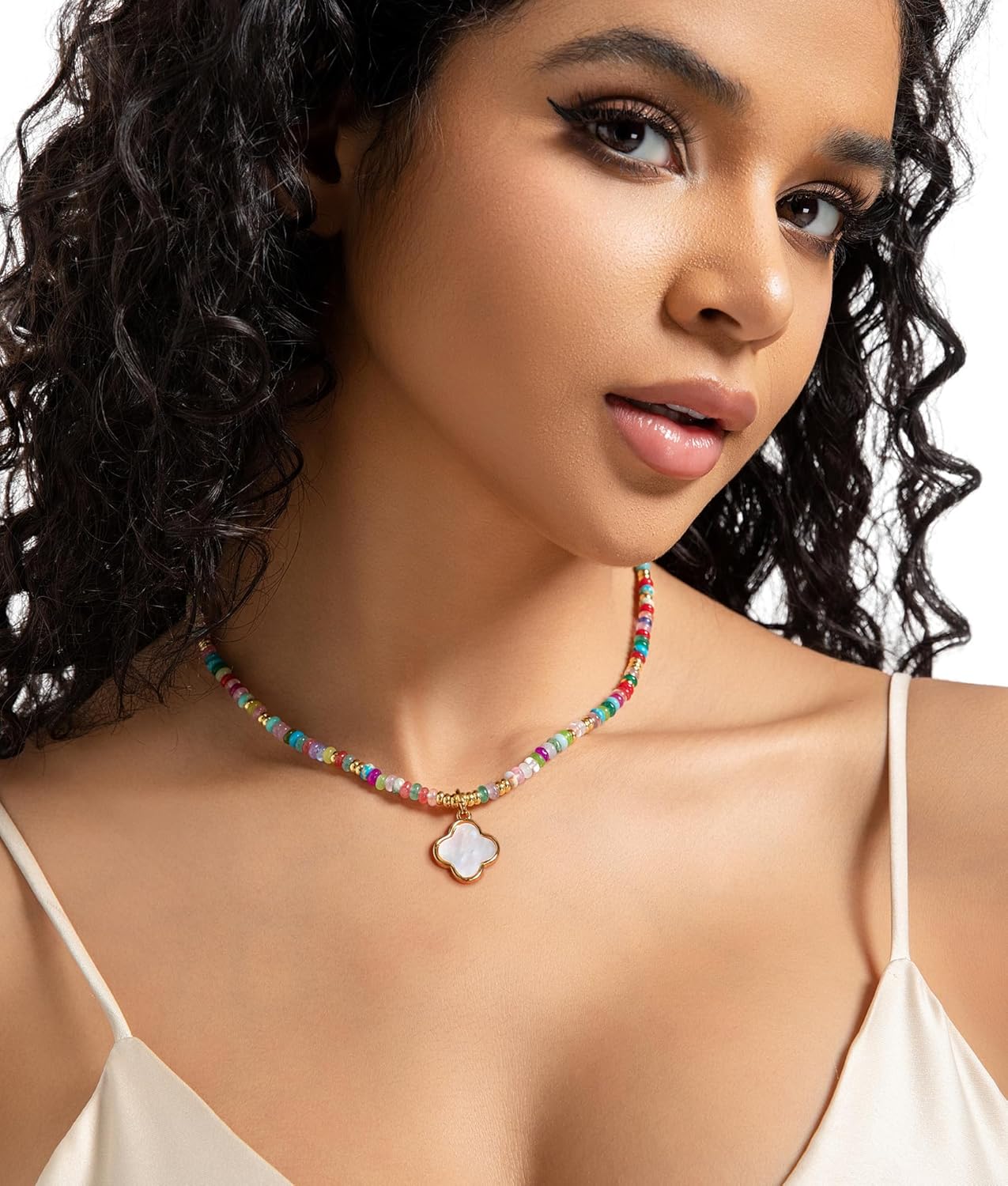 YOUFENG Clover Necklaces for Women Colorful Beaded Gemstone Choker 14K Gold Plated Cross Butterfly Necklace Natural Stone Handmade Jewelry Gift - Image 3