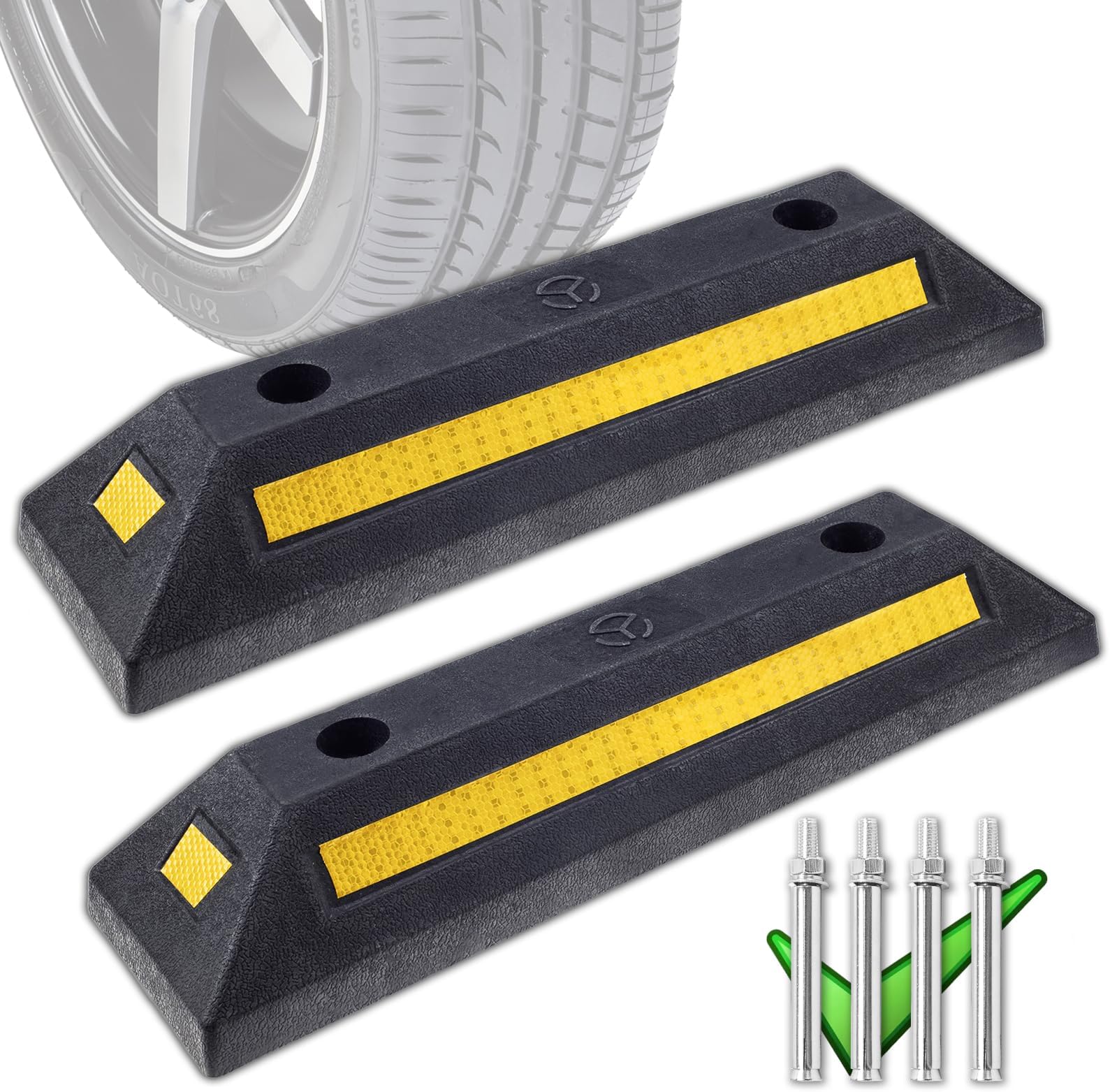 2 Pack Heavy Duty Rubber Parking Stopper for Garage, Wheel Stops for Parking with Reflective Safety Strips and 4 PCS Expansion Bolts, High Visibility Tire Blocks for Car, Truck, RV, Trailer, Vans