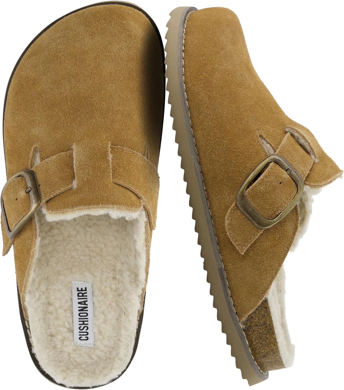 CUSHIONAIRE Blain Fur Genuine Suede Clogs for Women, Cozy Slip-On Womens Slippers with Detailed Stitching and Memory Foam Comfort