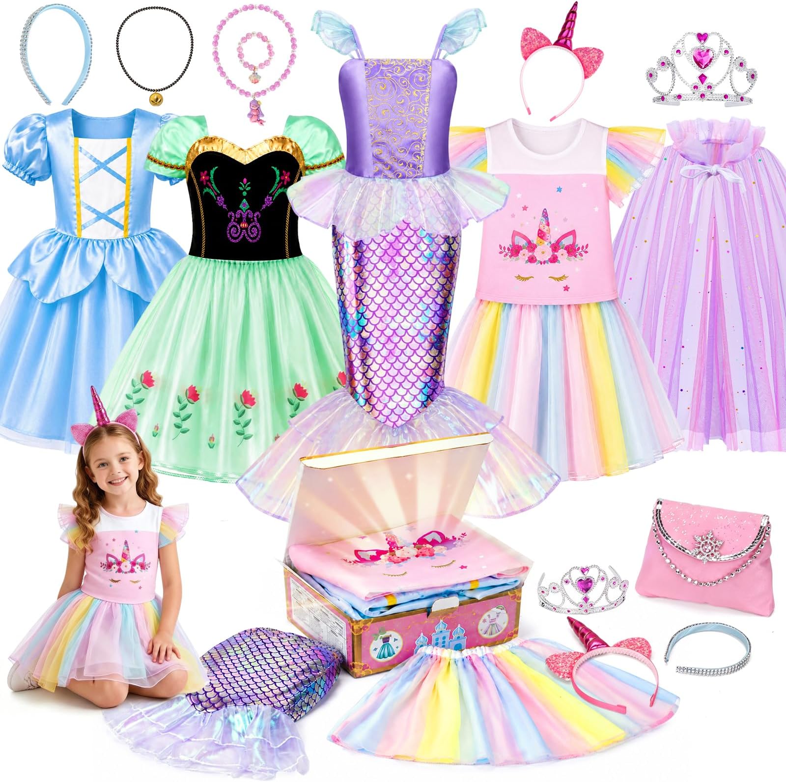 Meland Princess Dress Up Trunk for Girls 3-8, 16PCS Princess Toys Set, Pretend Play Gift for Birthday, Christmas, Halloween