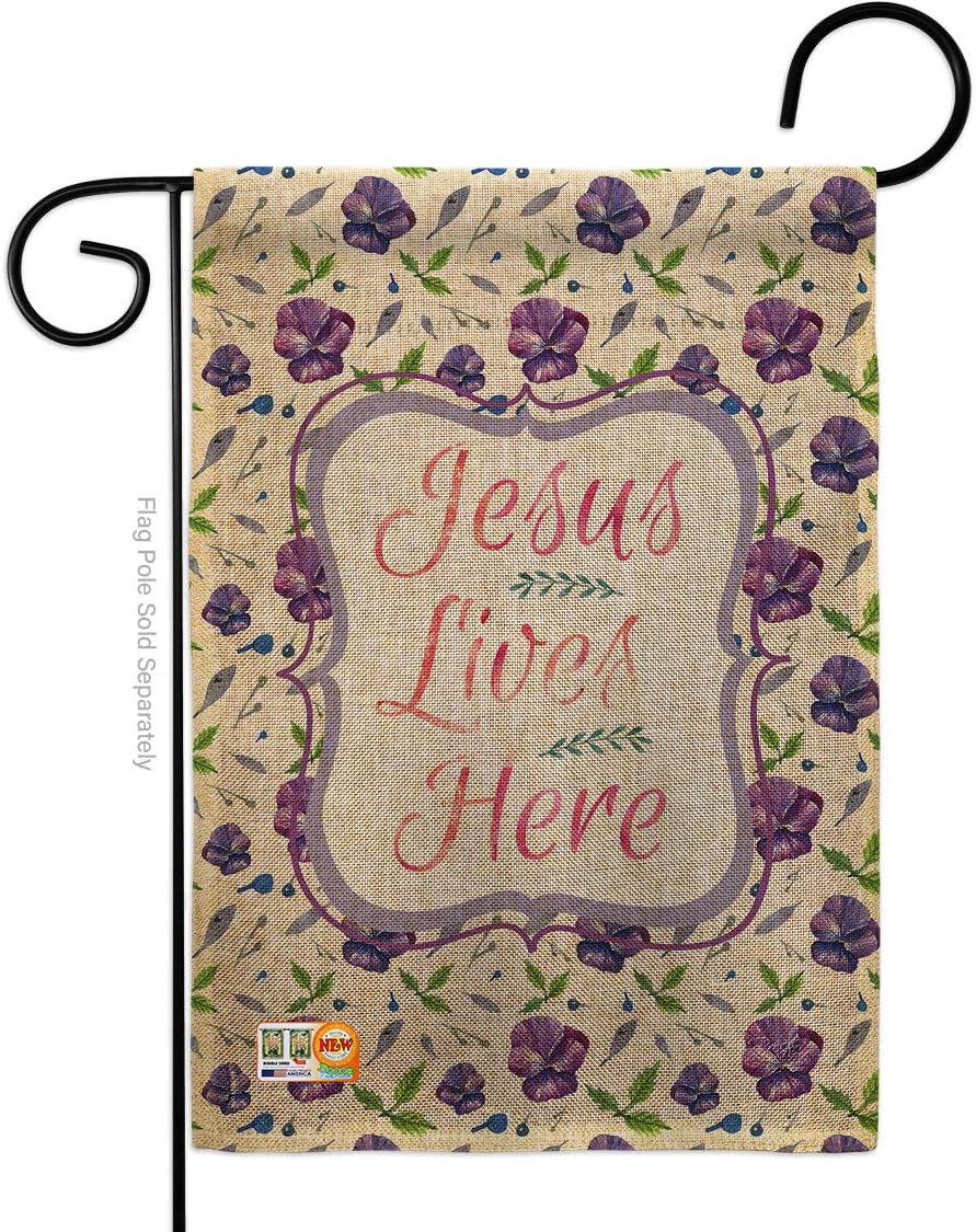 Jesus Lives Here Burlap Garden Flag Religious Bible Verses Bless Faith Thank Hope Pray Christian Religion Small Decorative Gift Yard House Banner Double-Sided Made In USA 13 X 18.5