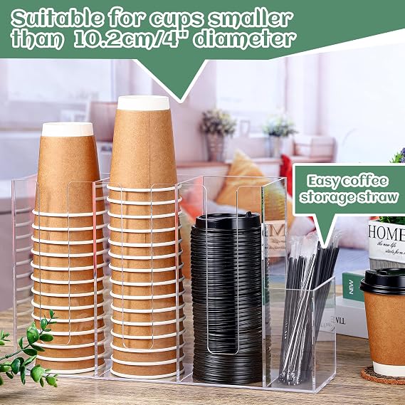Cunhill 4 Compartments Acrylic Coffee Cup and Lid Holder, Transparent | Disposable Paper Cup Dispenser Organizer, Plastic Lid Holder Accessories for Kitchen Bar Shop Party Supplies