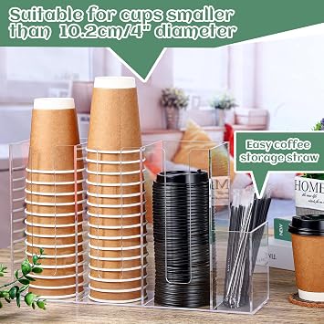 Cunhill 4 Compartments Acrylic Coffee Cup and Lid Holder, Transparent | Disposable Paper Cup Dispenser Organizer, Plastic Lid Holder Accessories for Kitchen Bar Shop Party Supplies