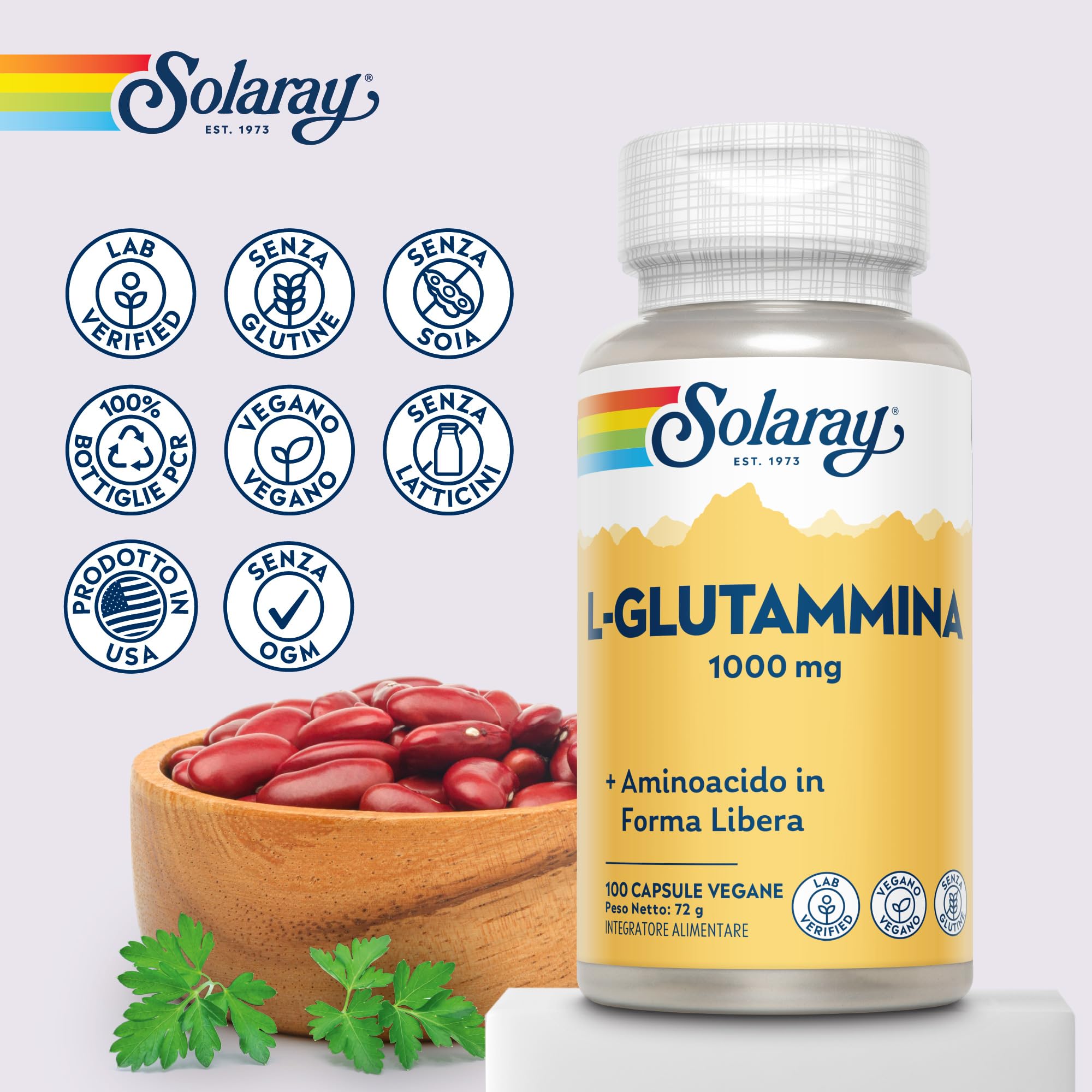 Solaray Glutammina 1000mg - 100 Capsule Vegane - 500mg di L-Glutammina per Capsula - Aminoacido di Alta Qualità - Integratore Pre Allenamento - Testata in Laboratorio