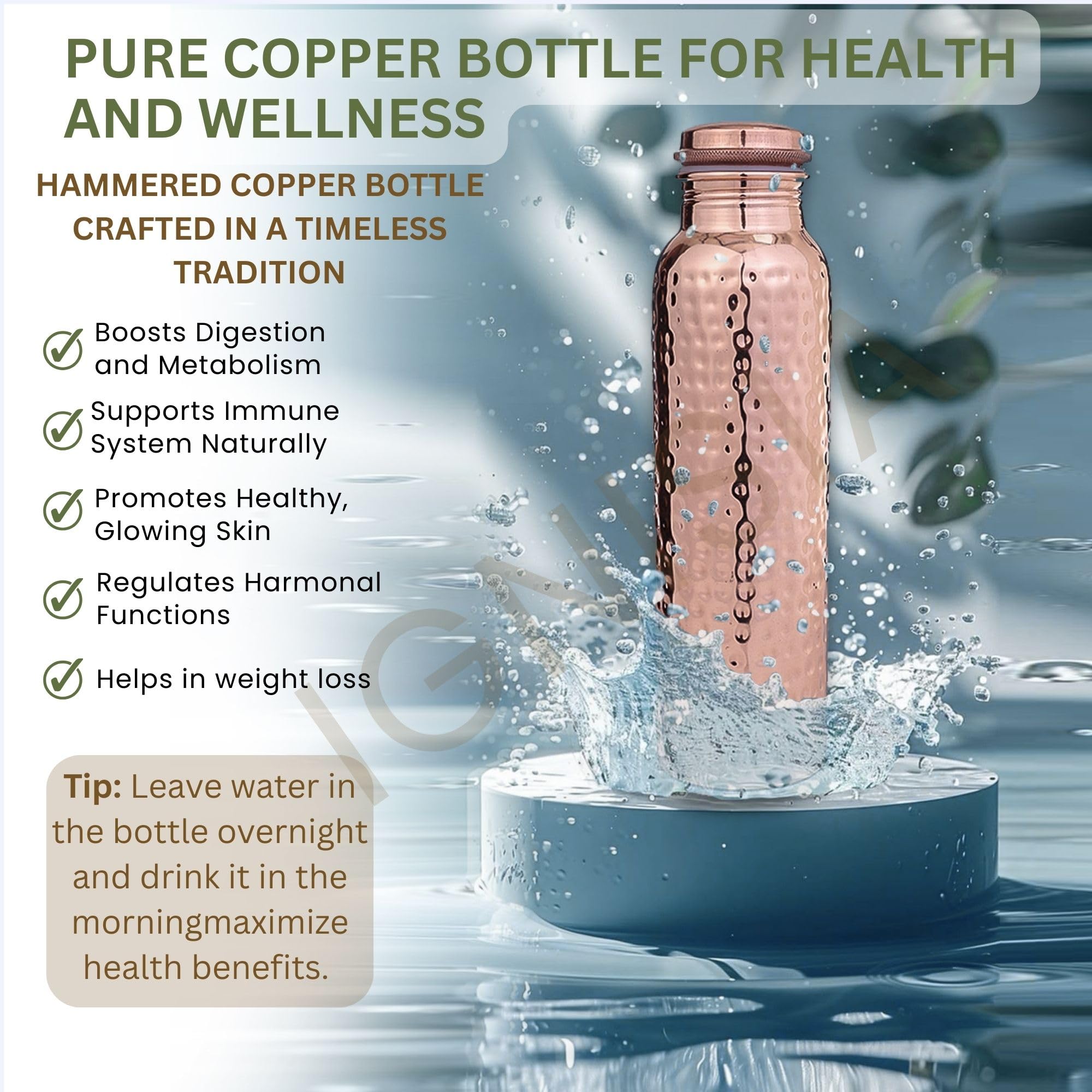 Copper Water Bottle For Drinking 34 Oz Extra Large - Barbados