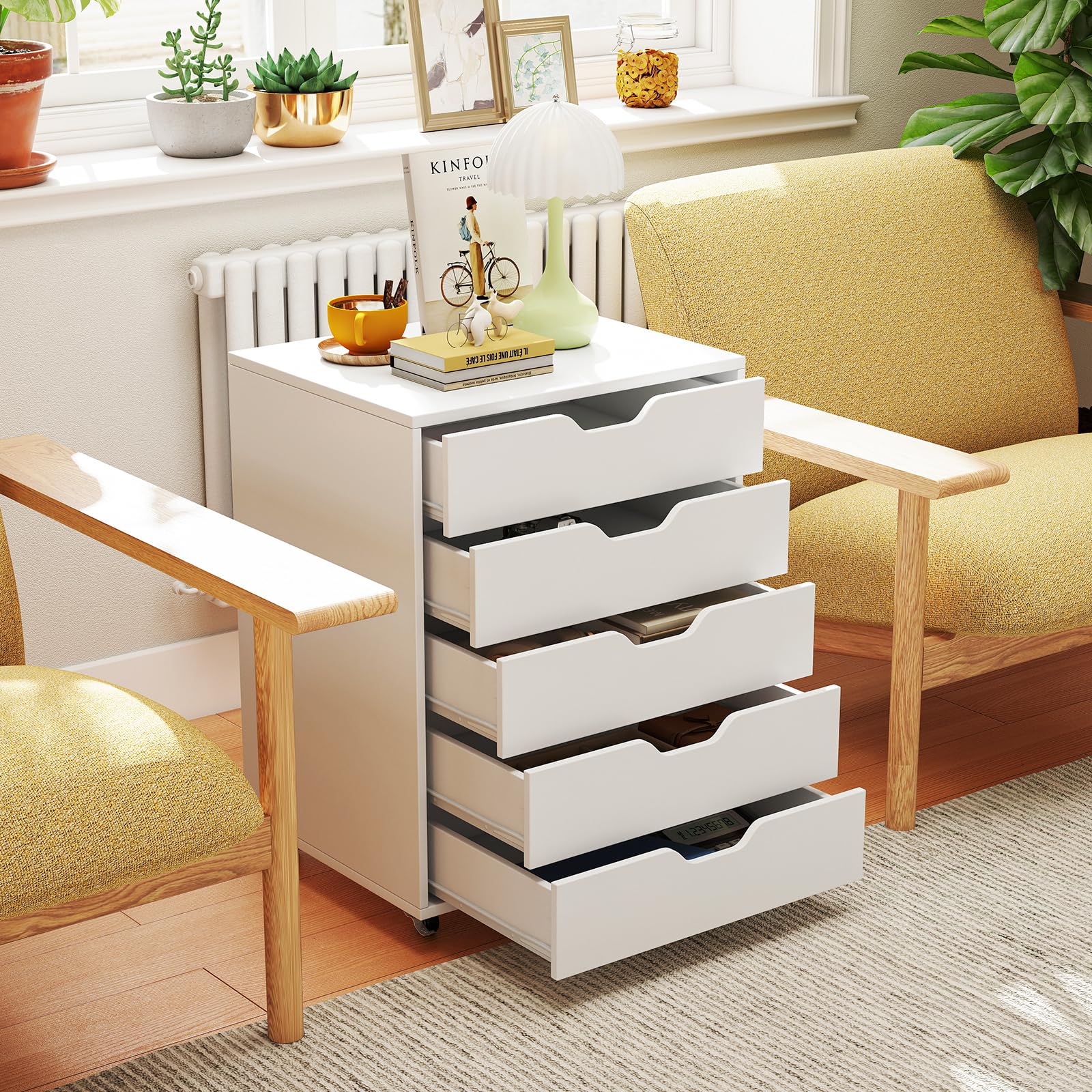 GIANTEX Rollcontainer mit 5 Schubladen, Aktenschrank mit Rollen, Schubladenschrank Holz unter Schreibtisch, Druckertisch für Zuhause & Büro (Weiß, 49 x 40 x 65 cm)