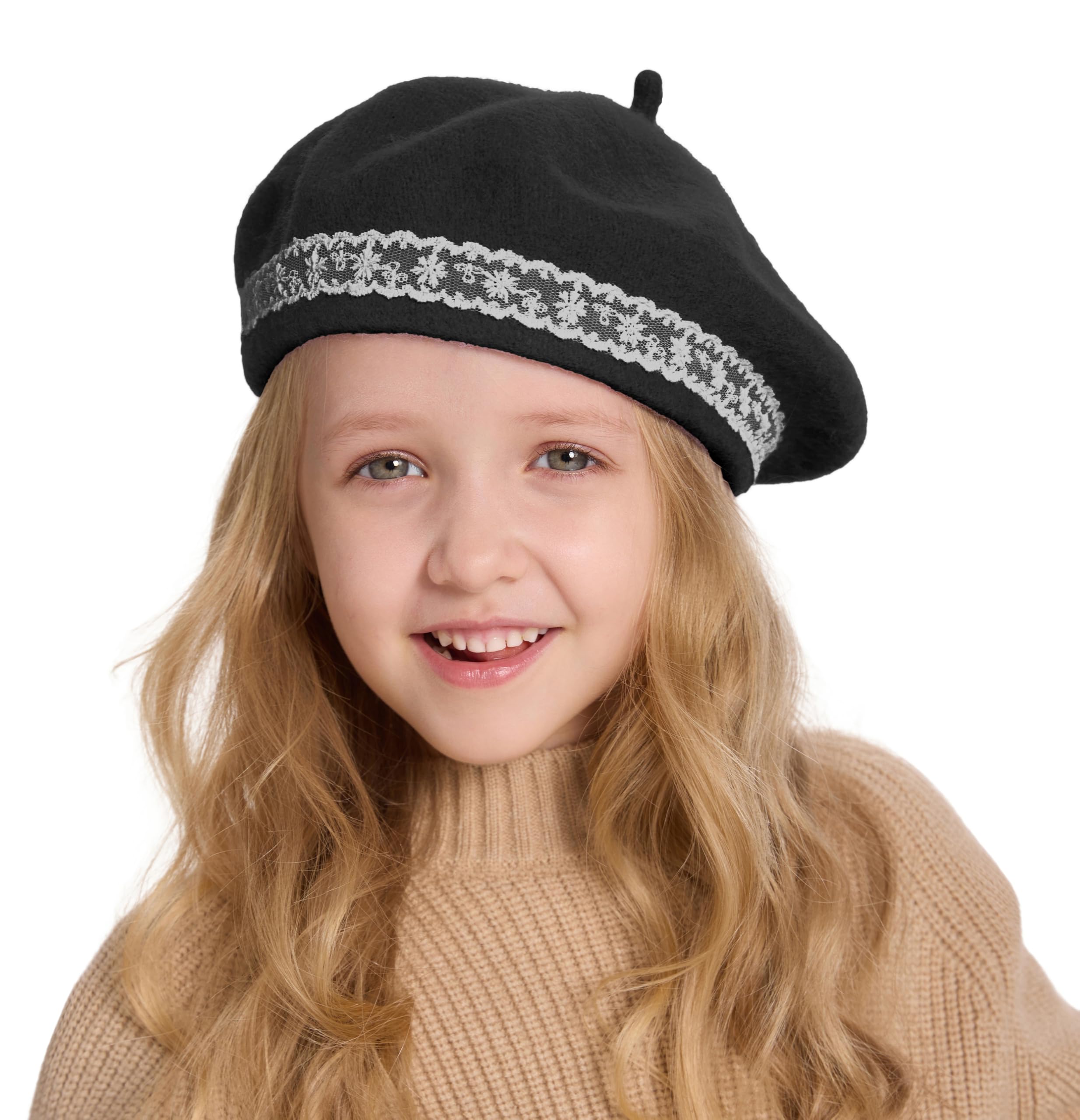 ZLYC Wool Kids Beret Hat Girls Solid Color Artist French Beret Cap(Lace Black),One Size