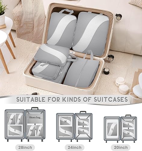 Vista 3 de Juego de 8 cubos de compresión de viaje, cubos de viaje expandibles para llevar en el equipaje, organizador de maleta, bolsas de compresión