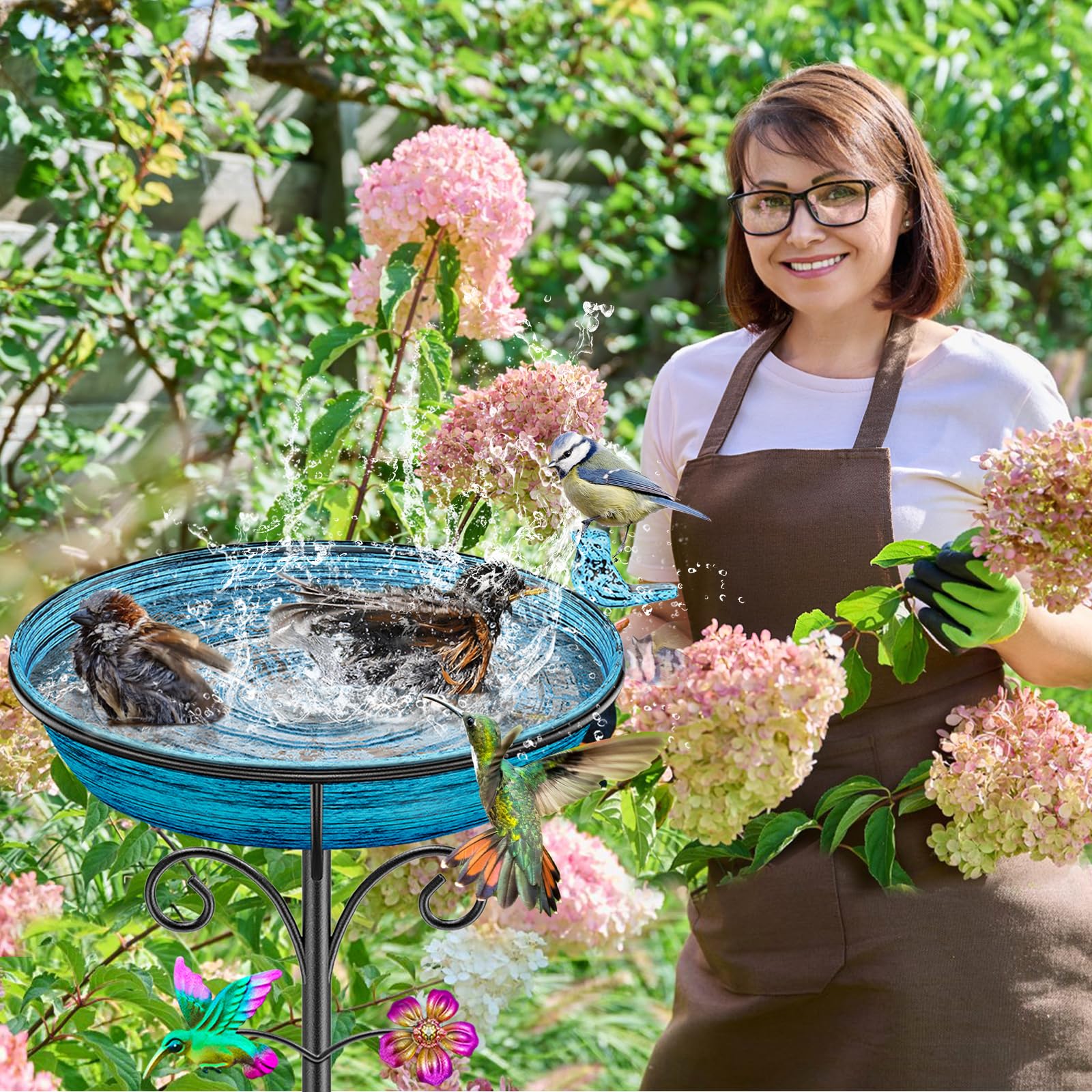 Vogeltränke Stehend aus Metall, Vogelbad für Draußen Garten mit 5 Erdspießen und Kolibri-Blumendekor, Mehrfarbige Wassertränke und Futterstelle für Vögel(Altblau)