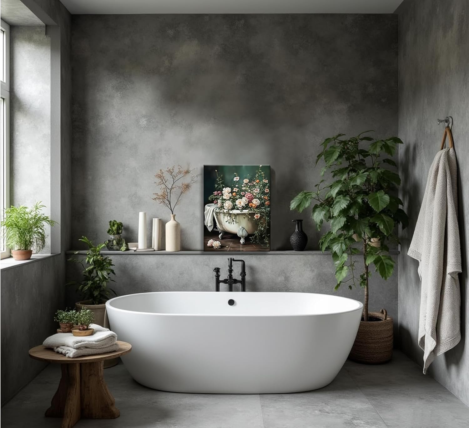 3Pcs Framed Romantic Vintage Floral Bathroom Wall Art Canvas Posters Prints Pictures Bathtub Sink Shower Paintings Wall Decor for Home Decoration