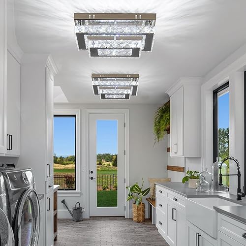 Miniatura 4 de Finktonglan Lámpara de techo LED de cristal moderna de montaje empotrado, lámpara de techo rectangular K9 de acero inoxidable, lámpara de techo para