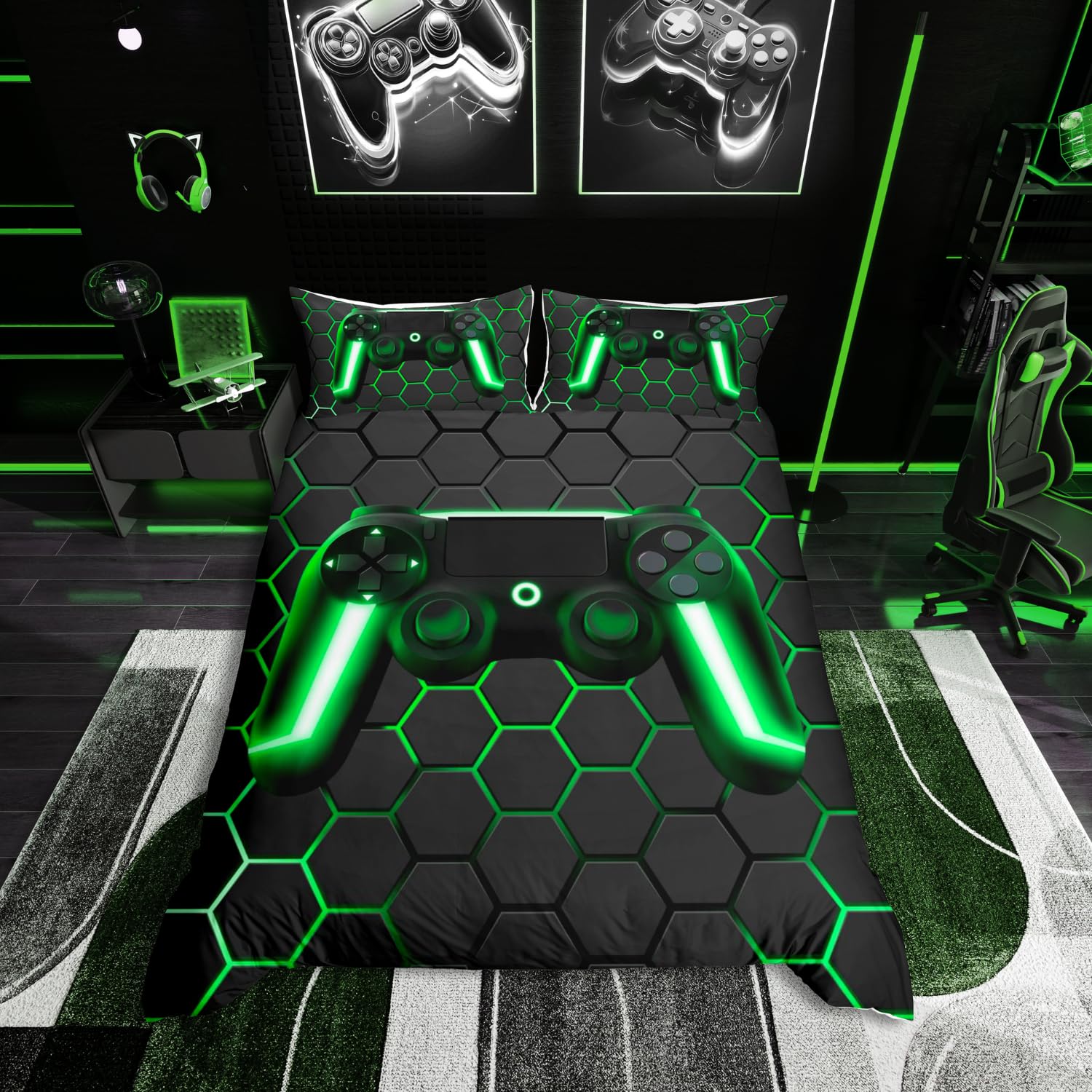 Homewish Geometric Gamer Single Duvet Cover Set Neon Gaming Bedding for Teenage Boy Bedroom Decor, Honeycomb Gamepad Bed Sets for Kids Teen Men, Beehive Hexagon Quilt Cover 2 Pieces