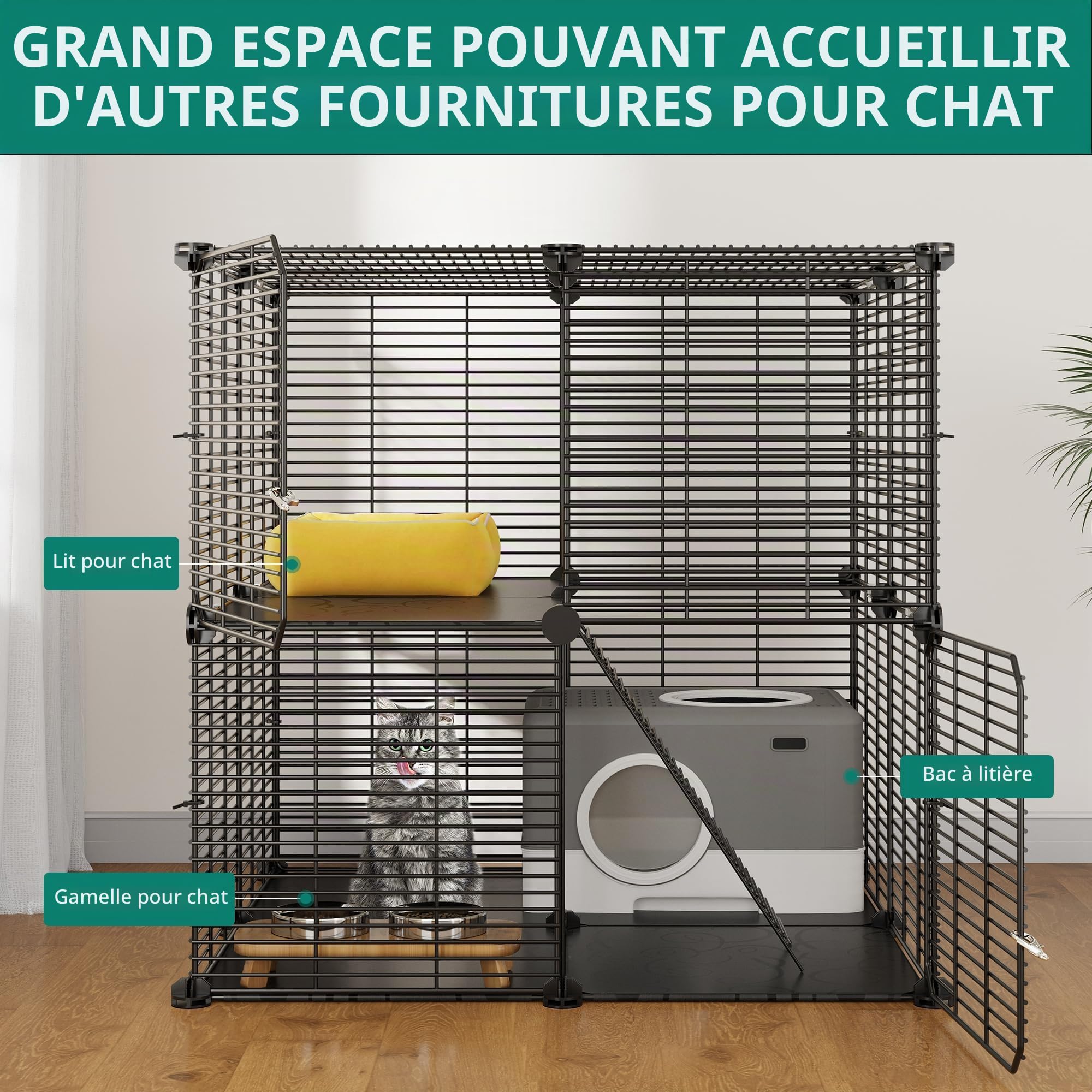 YITAHOME Cage d'intérieur pour Chat à 2 Niveaux à Monter soi-même, Cage pour Chat avec Fil métallique Dense, Parc pour 1 à 2 Chats, furets, Lapins, Petits Animaux, Noir, 71 x 71 x 71 cm