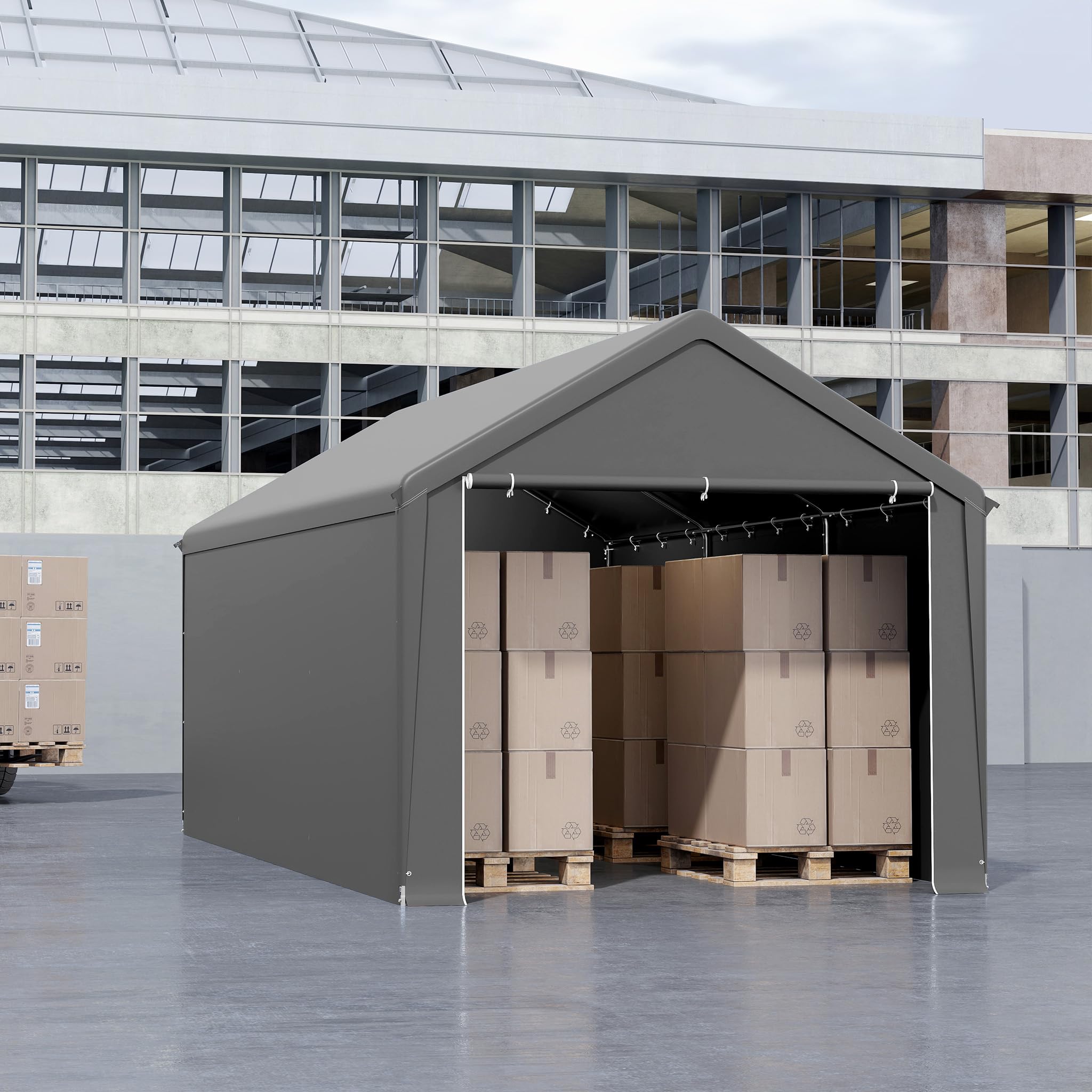 Aufun Carport Zeltgarage 3x6m, Wasserdichtes Lagerzelt mit PE-Dach, Reißenresistenter Garagenzelt mit abnehmbaren Seitenwänden, UV-beständig Winterfest Unterstand für Auto, SUV, LKW, Boot, Grau