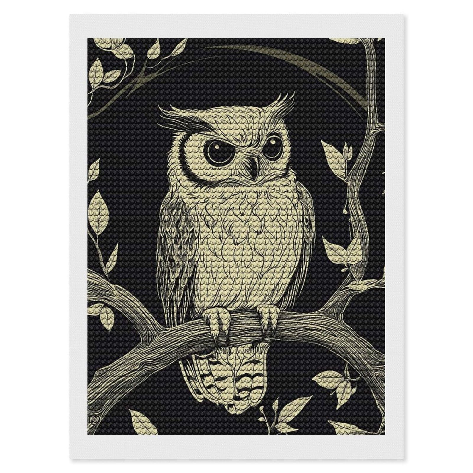 Junmoney Owl in Tree Branch Round Drill Diamond Painting 12"x16", for Women, Relaxing DIY Hobby, Bedroom Decor, Christmas Gift, Adhesive Canvas