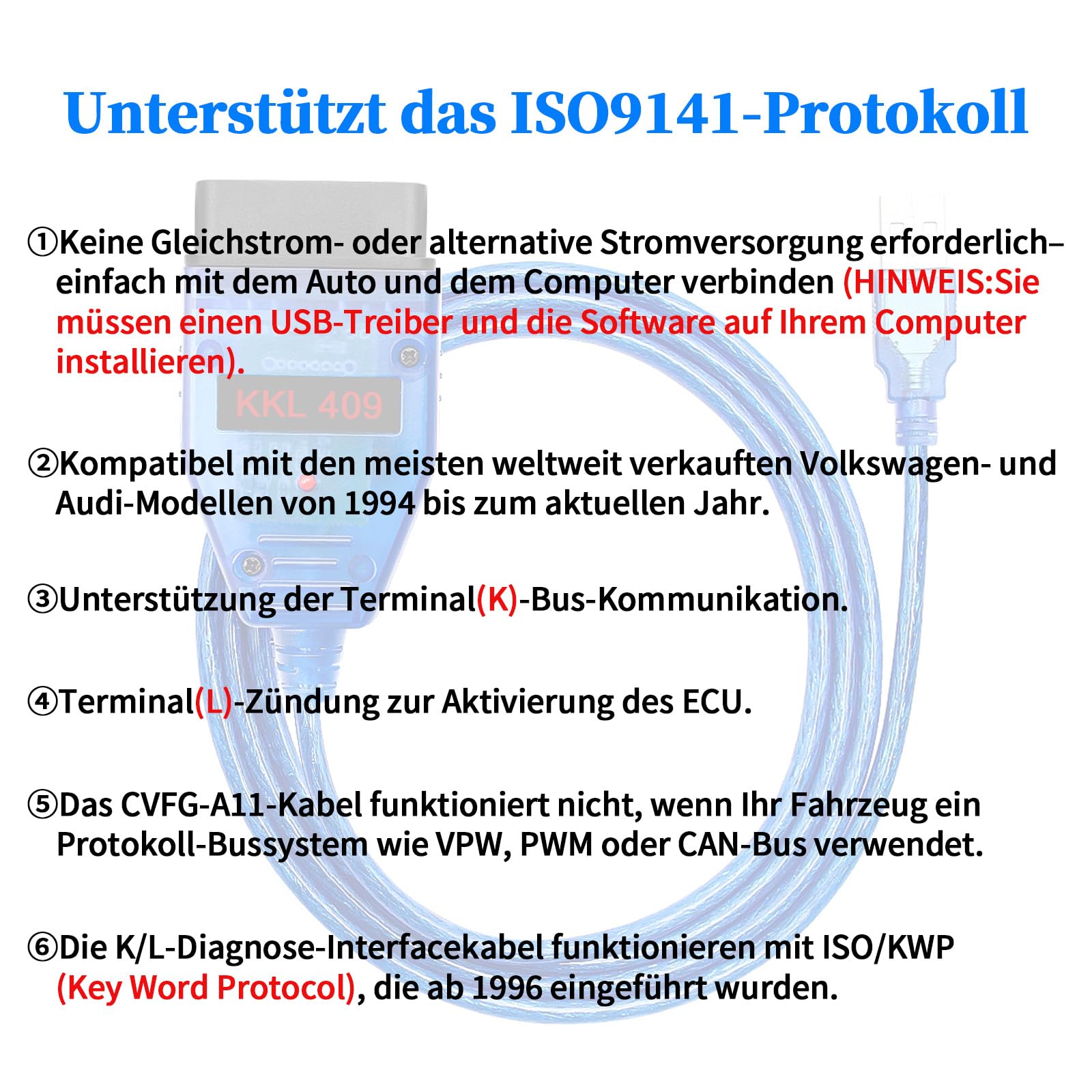 KKL 409 cavo USB con Chip originale FTDI FT232RL adatto per V-w,Volk-s,Audi,Seat,Skoda veicoli dal 1996 oltre,OBD2 per strumento di scansione ECU auto per software diagnostico V A G-COM Windows XP