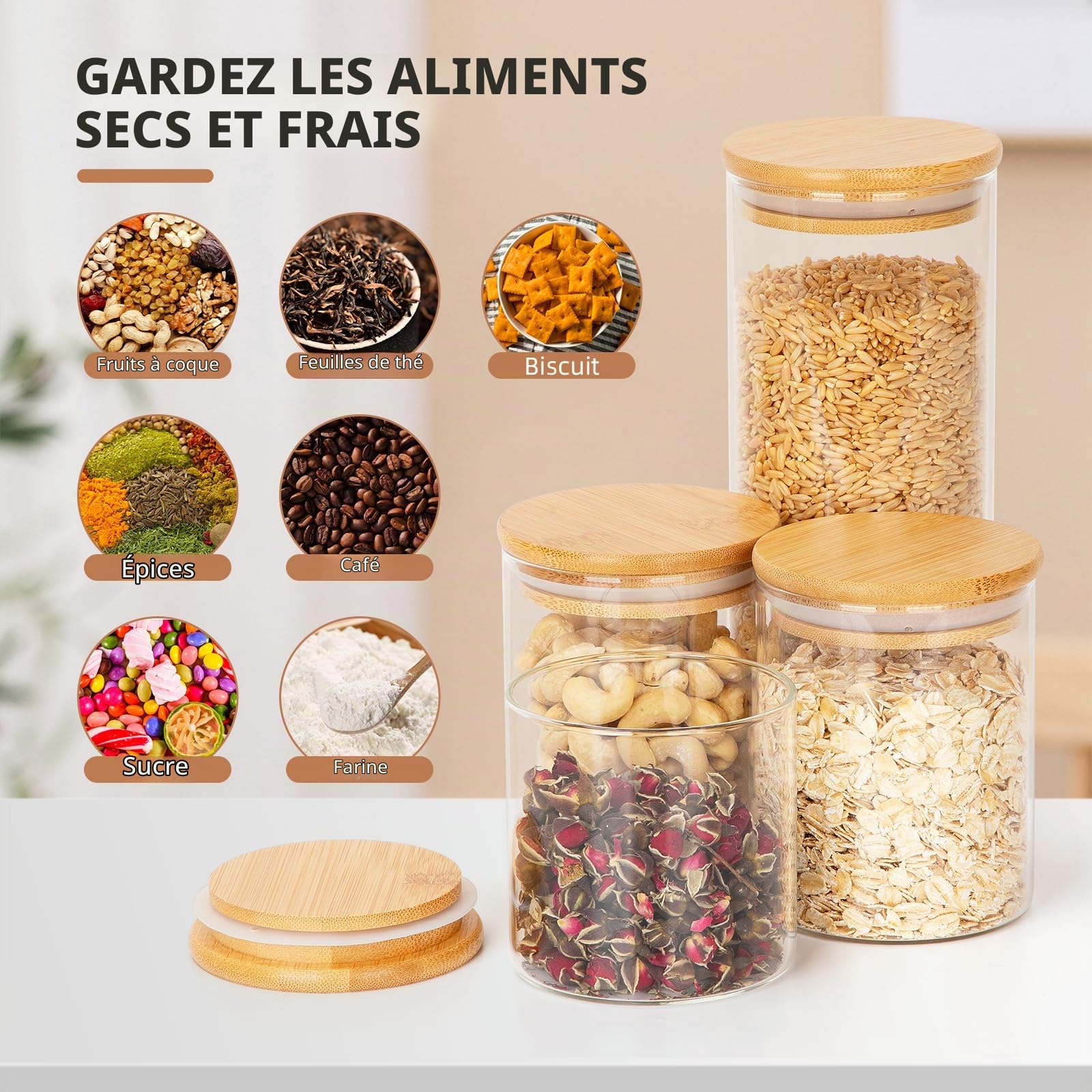Cinnani Bocaux en Verre Lot de 10, Rangement Cuisine Avec Couvercle en Bois et Rondelle, Hermétique Pour Céréales, Cornflakes, Sucre, Spaghetti