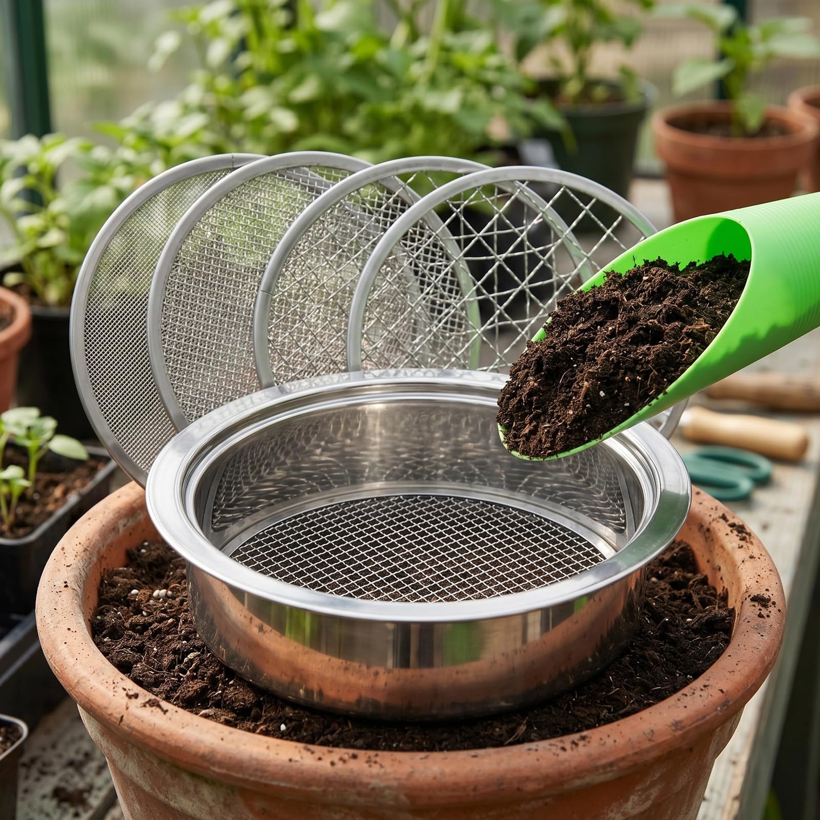 Lurrose 1 Set Setaccio da giardino per terriccio con rete di ricambio e paletta in plastica (fori da 1, 3, 6, 9, 12 mm) - Setaccio rotondo in acciaio inossidabile per roccia, compost, terra, spiaggia