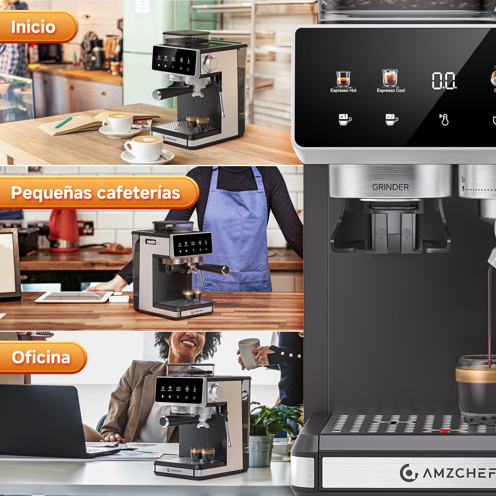 AMZCHEF Cafetera express con molinillo, cafetera espresso 20 bar para casa con vaporizador de leche, 3 niveles de temperatura, 20 ajustes de molienda, función de café frío y caliente, pantalla táctil