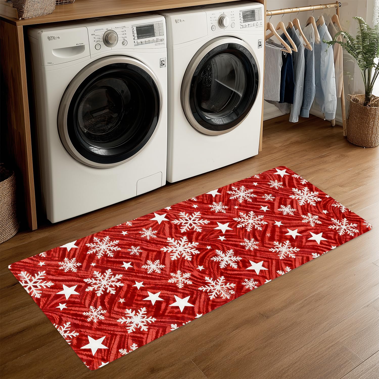 ANNA QUEEN Red White Snowflake Laundry Room Rug Runner 20x47 Inch - Waterproof Non-Slip Floor Mat for Front Load Washer Dryer,Christmas Holiday Decor,Machine Washable