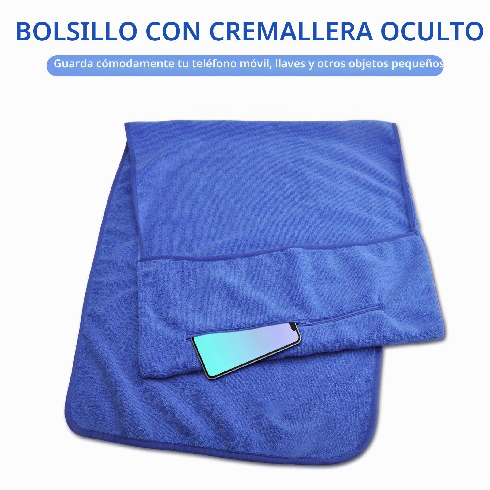 DAWRIS Toalla de fitness, toalla de deporte, 120 x 50 cm, microfibra con bolsillo con cremallera, grande, toalla de gimnasio, toalla de entrenamiento