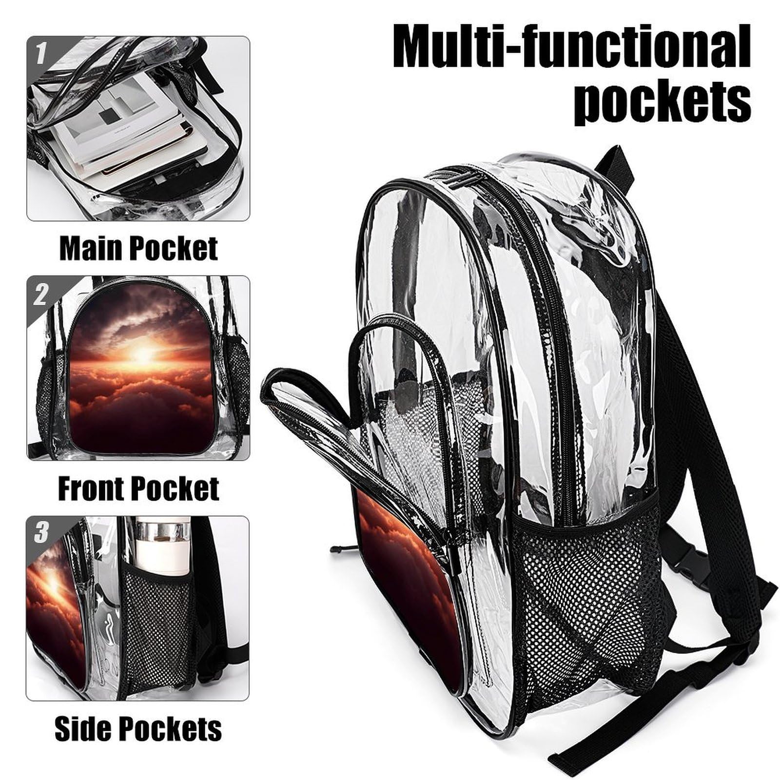 Sun Sunrise Cloud Clear Rucksack, groß, transparent, PVC, Büchertasche für Sicherheit, Arbeit, Reisen, Stadion