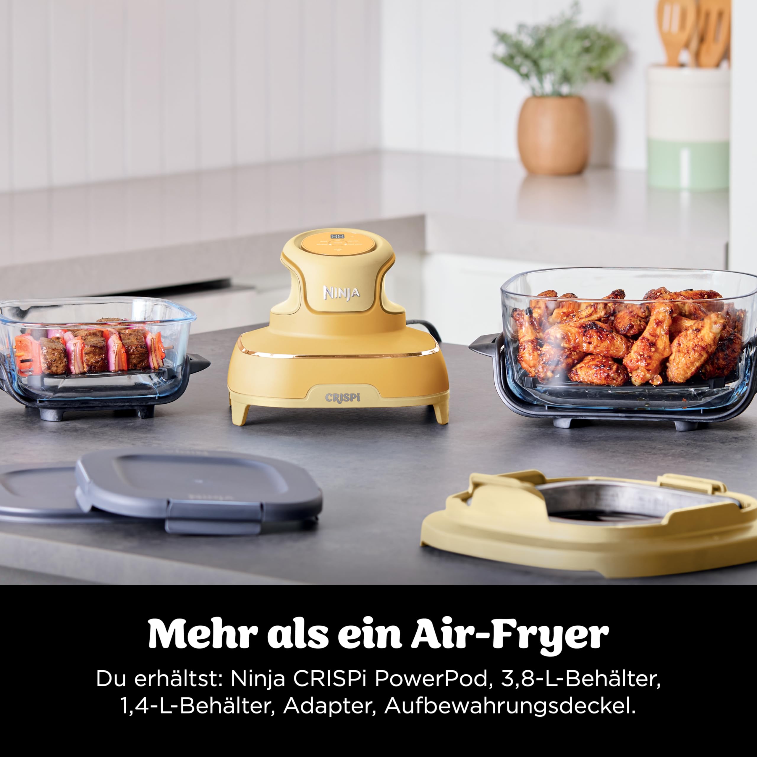 Ninja CRISPi Tragbare Heißluftfritteuse, 3,8 l & 1,4 l, 4-in-1: Heißluftfrittieren, Braten, Warmhalten, Aufknuspern, kompakt, 6 Portionen, 2 Glasbehälter & Deckel, 1700 W, Ingwerbraun FN101EUGD