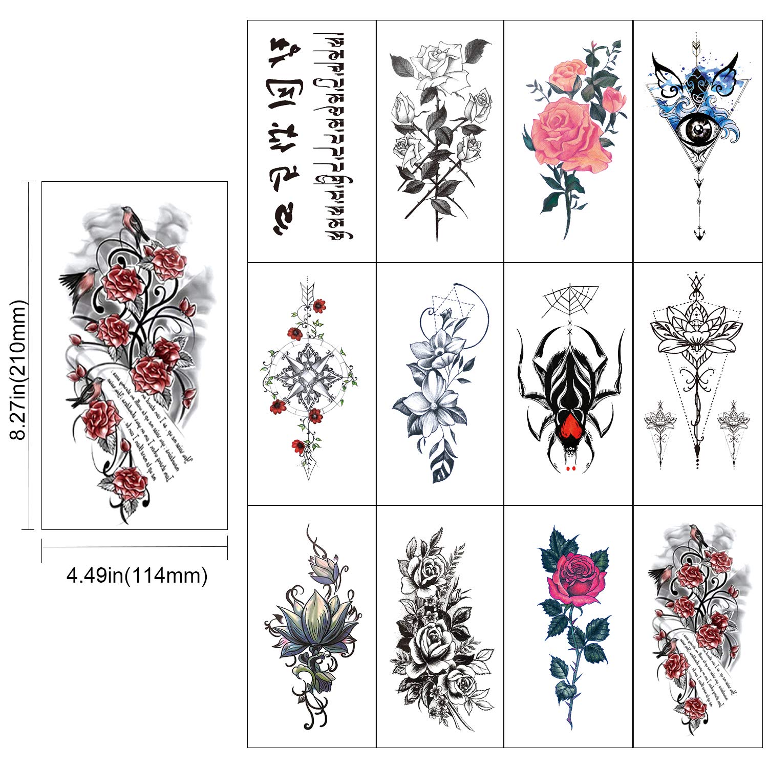 Konsait 24 Sheets Large Temporary Tattoos Half Arm Tattoo Sleeves Big Flowers Tribal Totem Tattoo Temporary Fake Body Art Arm Chest Shoulder Tattoo Black tattoo Body Stickers for Women Man