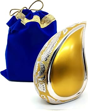 Golden Teardrop Urns for Human Ashes, Funeral Cremation Urn with Velvet Bag, Keepsake Urn for Adults, 6 Inch, Gold