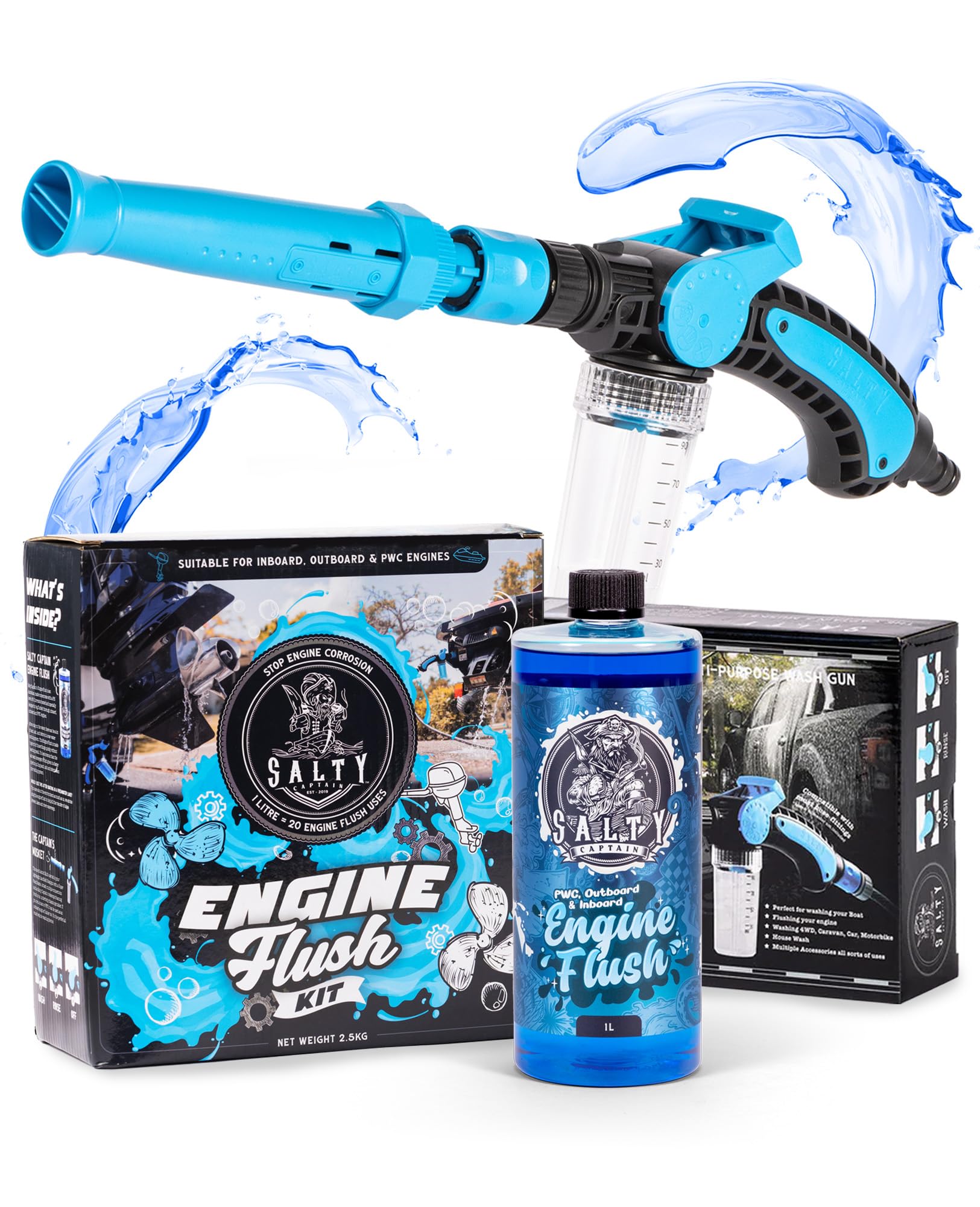 Salty Captain Marine Engine Flush Kit - Clean, Optimize & Protect Jet Ski Engine Cooling System & Exhausts, Universal Motor Flush Adapter & Outboard Boat Performance Maintenance Solution (33.8 fl oz)