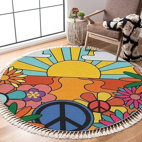 Alfombra redonda con flecos de los años 70, diseño retro de sol y flores con letrero, vintage, hippie, bohemio, decoración de habitación de niños y