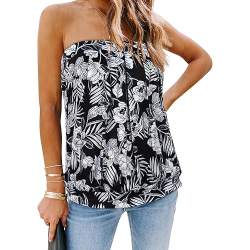 CHICGAL Women's Tube Tops Summer Casual Bandeau Tank Casual Strapless Blouse Off The Shoulder Tunic Shirts