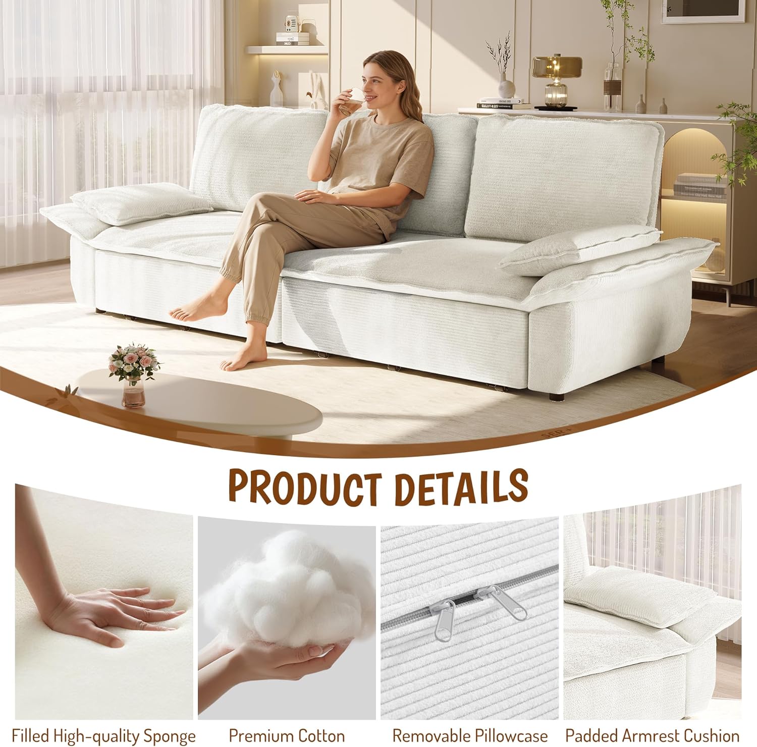 KEIKI 94.5" King-Size 3-in-1 Convertible Sleeper Sofa, Oversized Pull-Out Couch with Cloud-Style Deep Seat, Corduroy Reclining Loveseat for Home Theater & Family Living