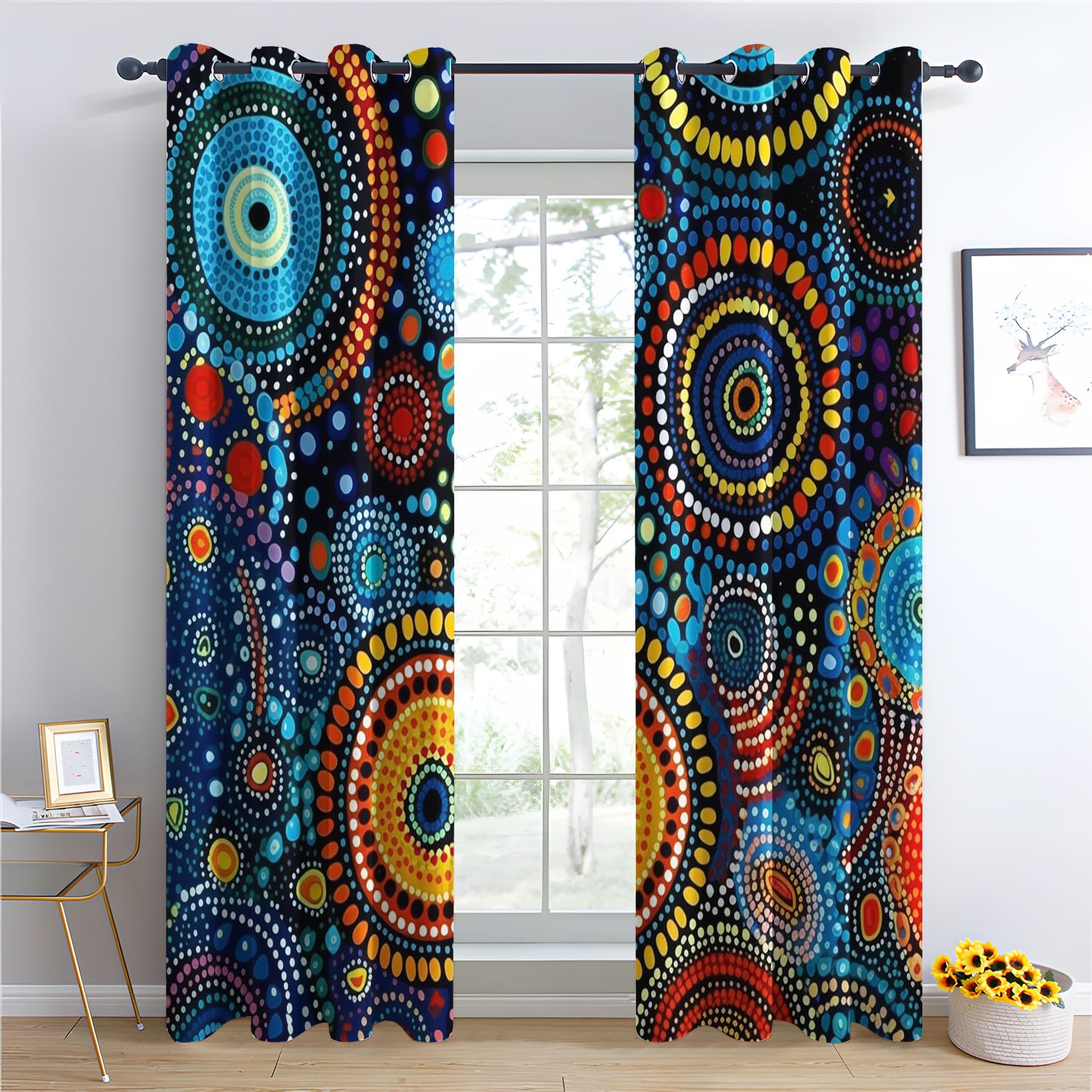 Buntes Boho Vorhänge, Retro Bohemien Verdunklungsvorhänge mit Ösen, Vorhang Blickdicht für Wohnzimmer Schlafzimmer Dekoration, Gardinen mit Muster, 2er Set, 137 x 117 cm (HöhexBreite)