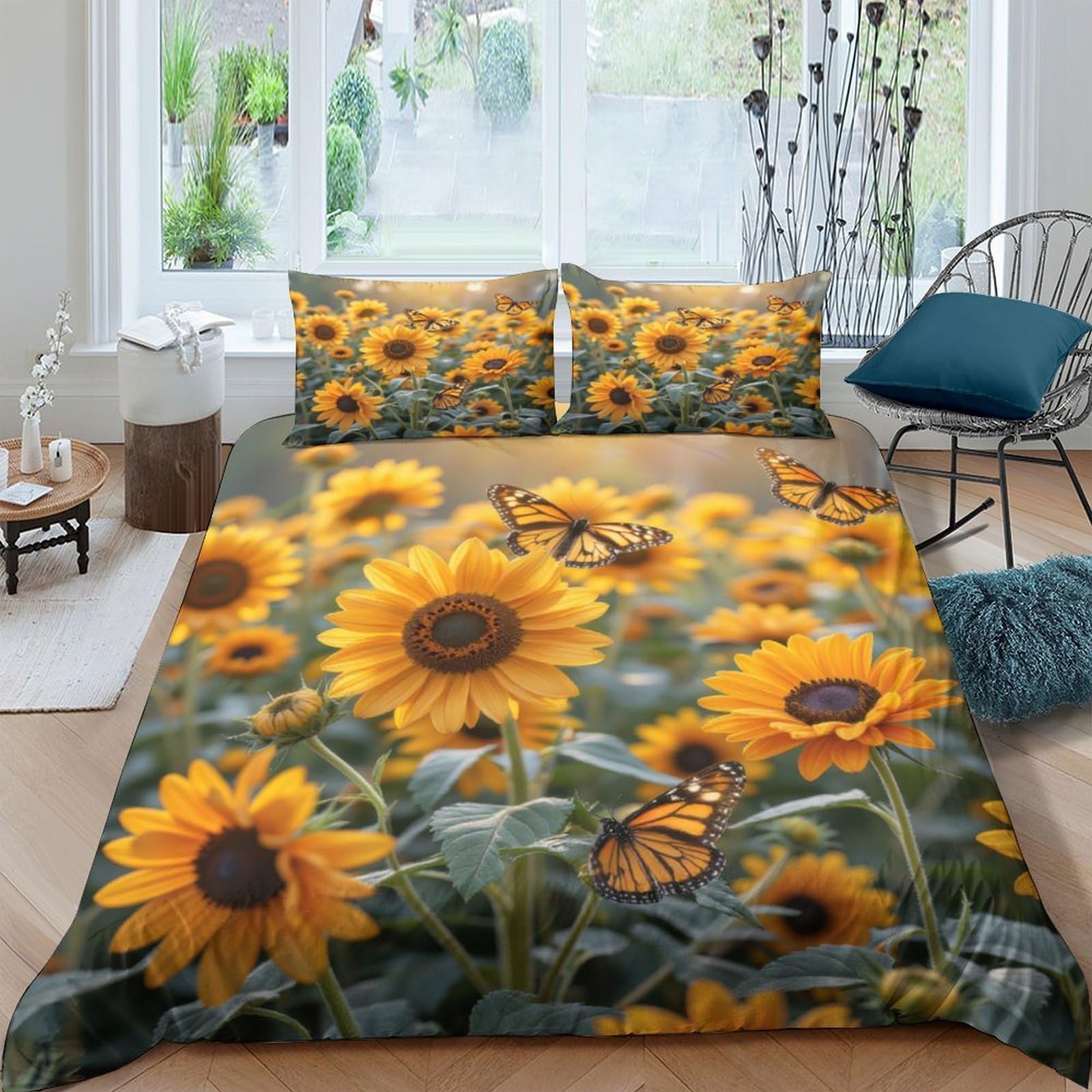 Ctjqhvkz Style-1 3D Printed Sunflower Butterfly Fitted Sheet Microfiber Soft Yellow Floral Bed Cover Non-Slip For Bedroom Guest Room Single（135X200cm）