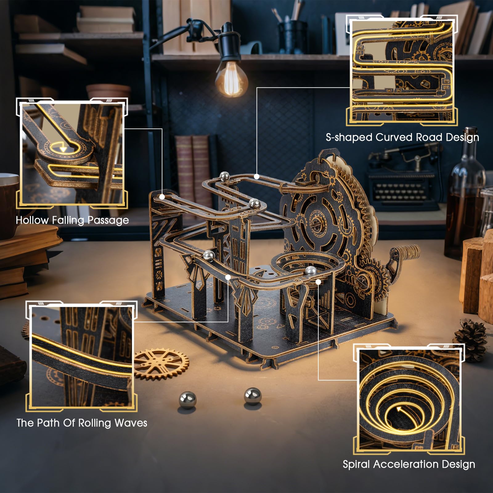 Puzzle in legno 3D per adulti, kit di modellini meccanici per marmi da costruire, puzzle in legno fai da te con 6 biglie d'acciaio, regali di compleanno unici per donne e uomini